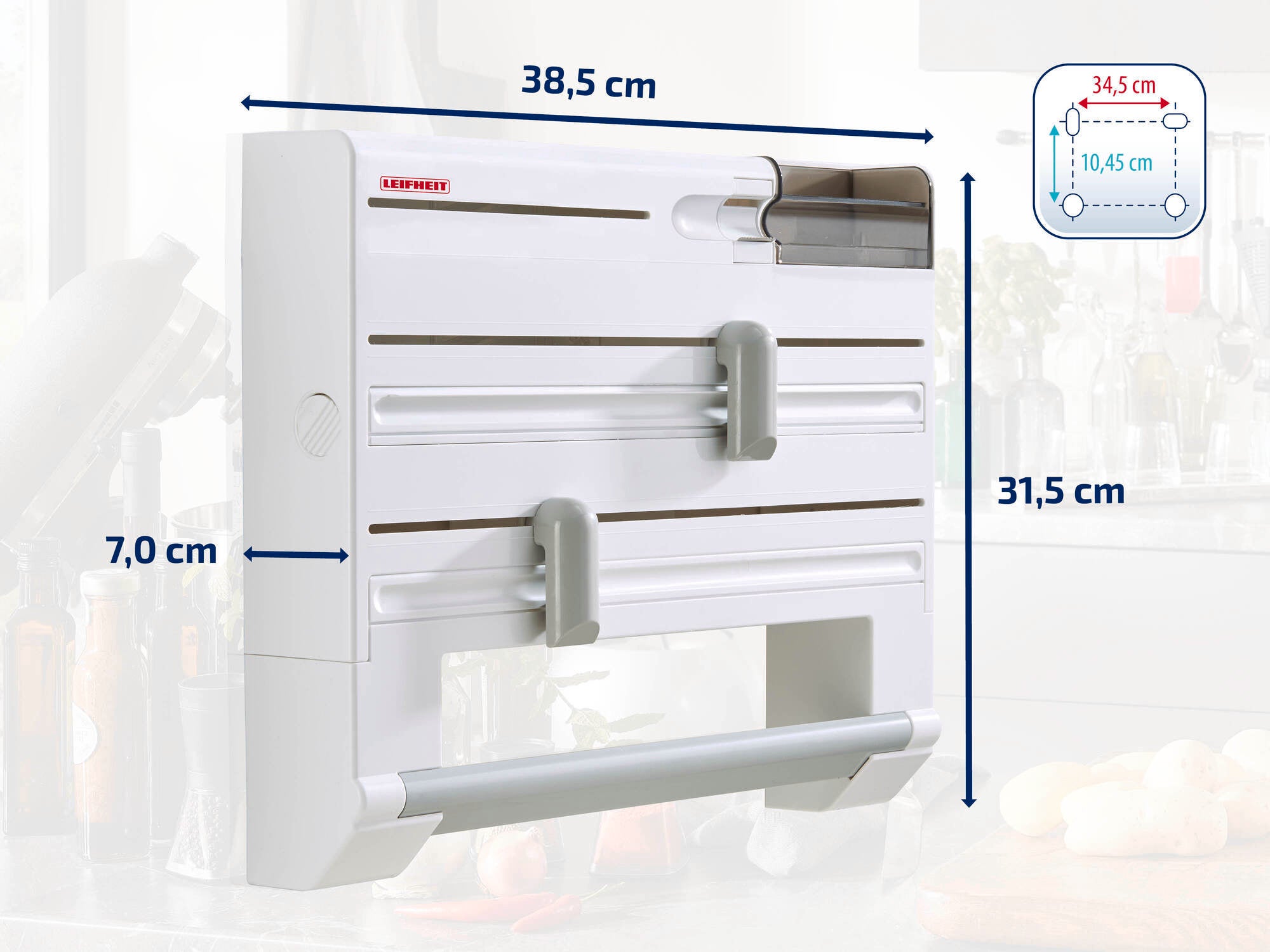 Support mural pour rouleaux de Leifheit, dimensions : 38,5 cm x 31,5 cm x 7,0 cm. Le support peut accueillir des rouleaux de film alimentaire et de papier et est idéal pour la cuisine.