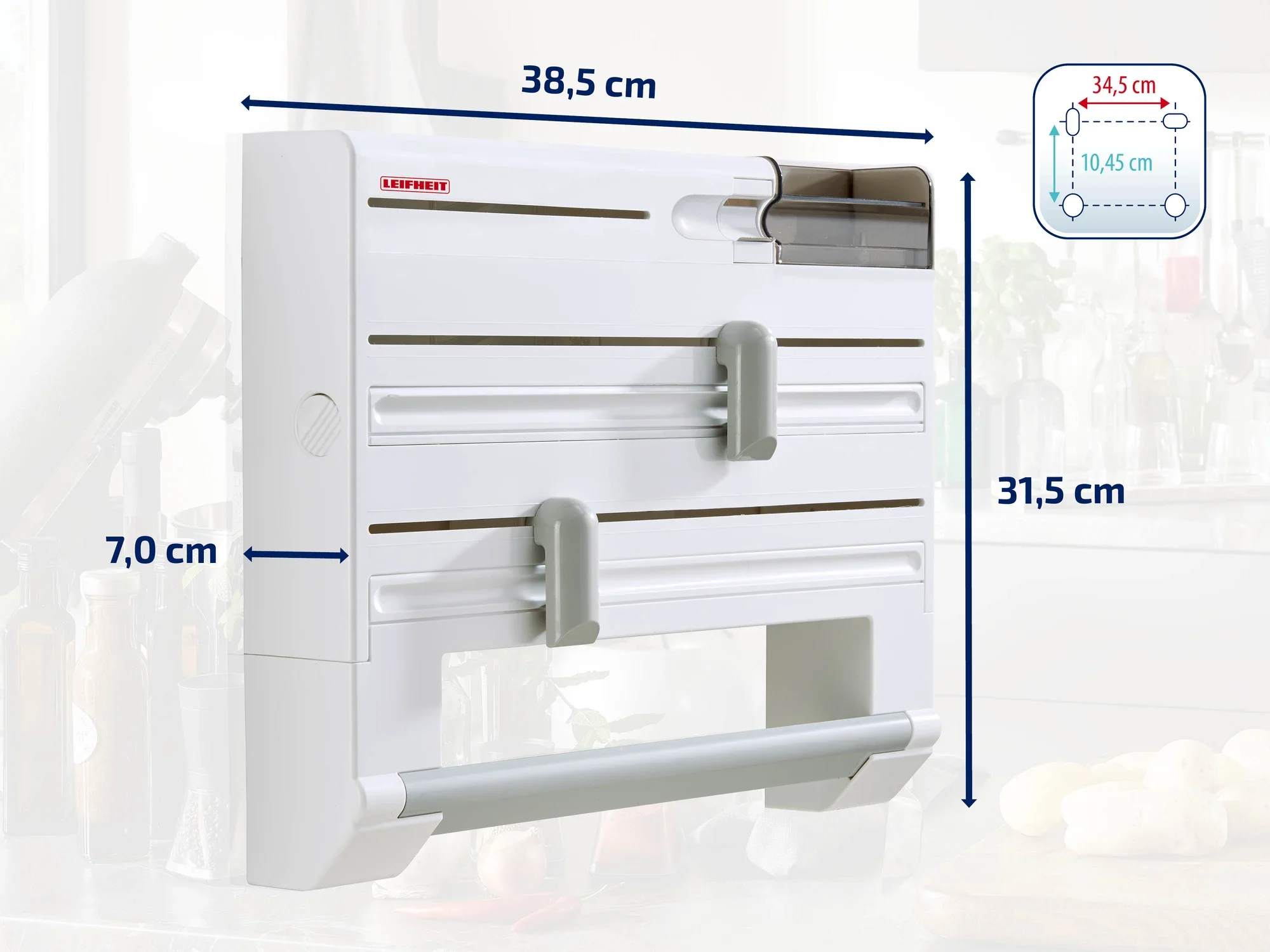 Uchwyt ścienny na rolki firmy Leifheit o wymiarach 38,5 cm x 31,5 cm x 7,0 cm. Uchwyt oferuje miejsce na rolki folii i papieru i jest idealny do kuchni.