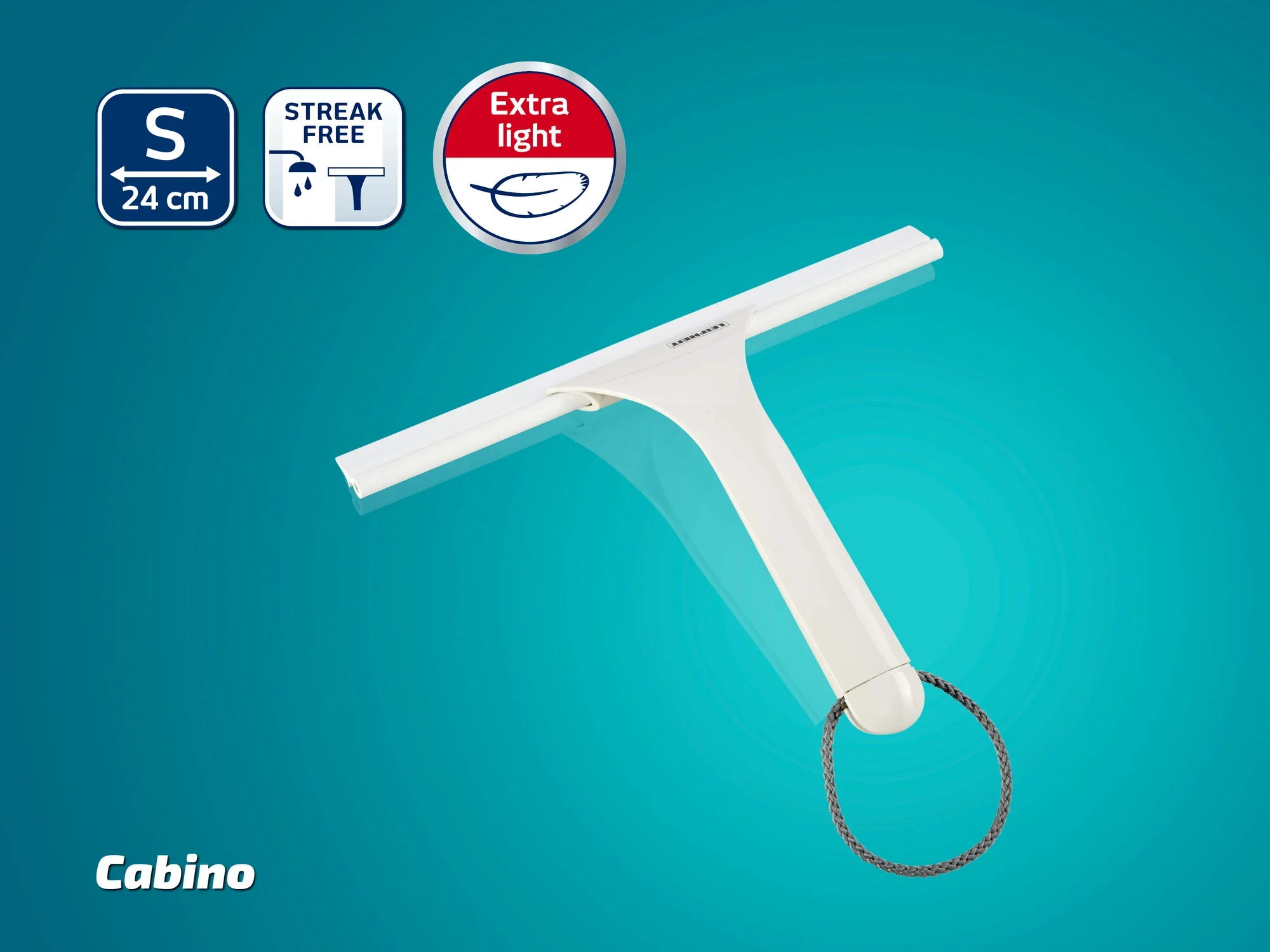 Duschkabinenabzieher Cabino von Leifheit in Weiß auf blauem Hintergrund. Mit 24 cm Wischbreite, streifenfreiem Abziehen und extra leichtem Design. Ideal für glatte Oberflächen.