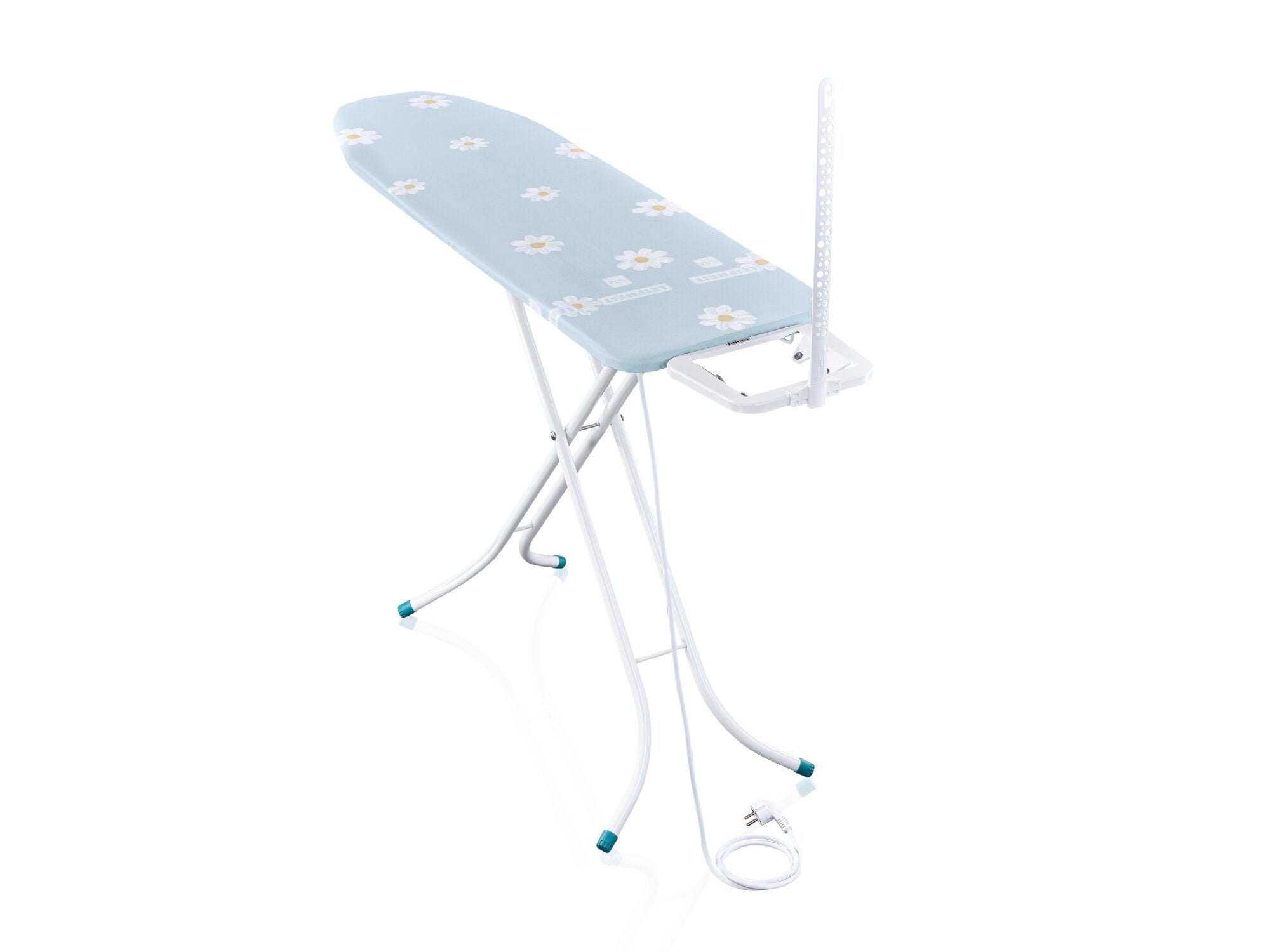 Bügelbrett Leifheit Classic M Basic Plus mit blauer, blumengemusterter Bügelfläche. Es hat weiße, stabile Beine und eine Halterung für ein Bügeleisen. Ideal für komfortables Bügeln.