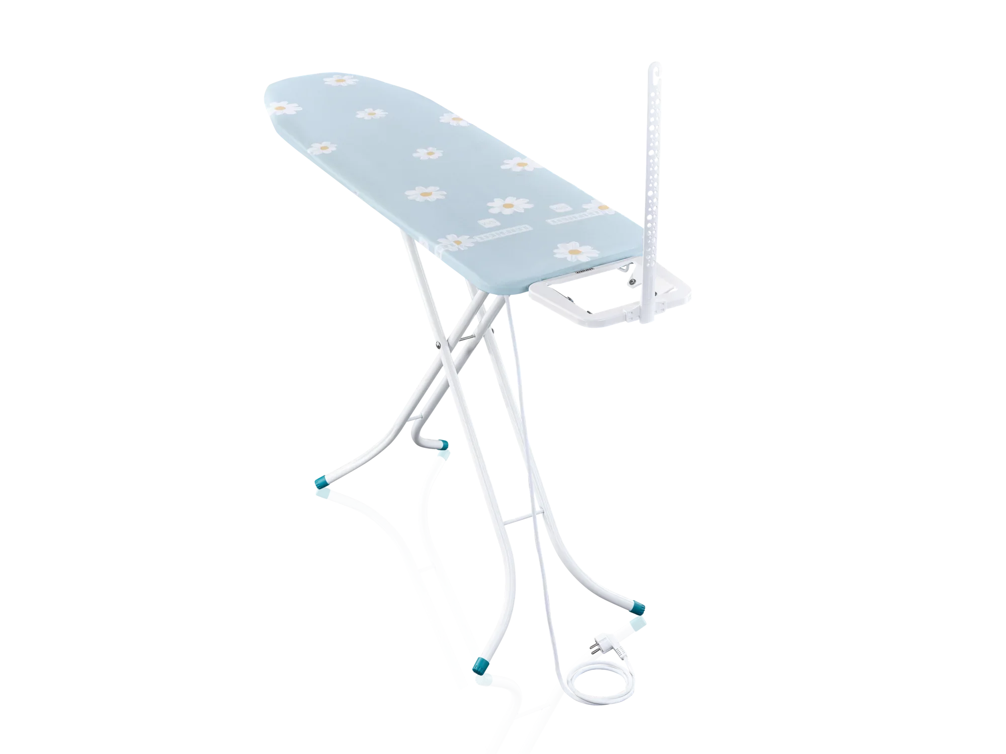 Bügelbrett Leifheit Classic M Basic Plus mit blauer, blumengemusterter Bügelfläche. Es hat weiße, stabile Beine und eine Halterung für ein Bügeleisen. Ideal für komfortables Bügeln.