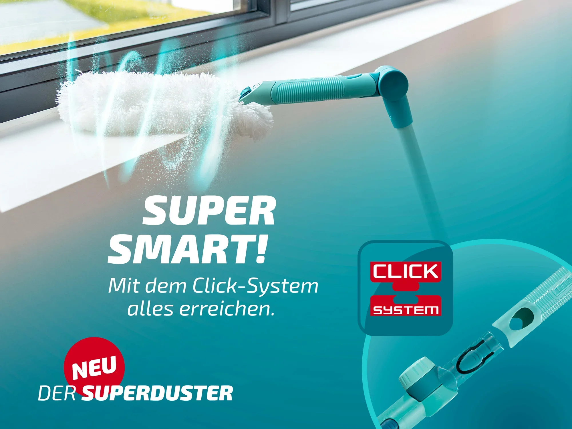 Der Leifheit Superduster ist ein innovativer Staubwedel mit Click-System, ideal für schwer erreichbare Stellen. Das Bild zeigt den Superduster in Aktion an einem Fensterbrett.