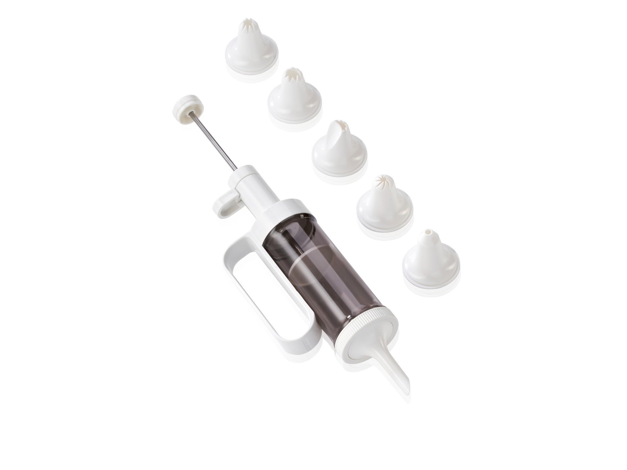 Einhand-Garnierspritze mit sechs verschiedenen Aufsätzen. Ideal zum Dekorieren von Kuchen und Gebäck. Ergonomisches Design für einfache Handhabung und präzise Ergebnisse.