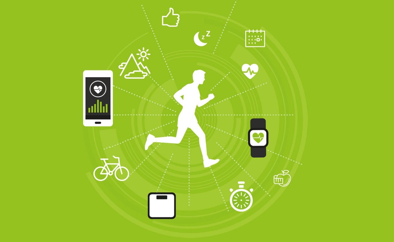 Ein Laeufer ist von Fitness-Icons umgeben: Smartphone, Smartwatch, Fahrrad, Waage, Stoppuhr, Kalender und Berglandschaft, vor gruenem Hintergrund.