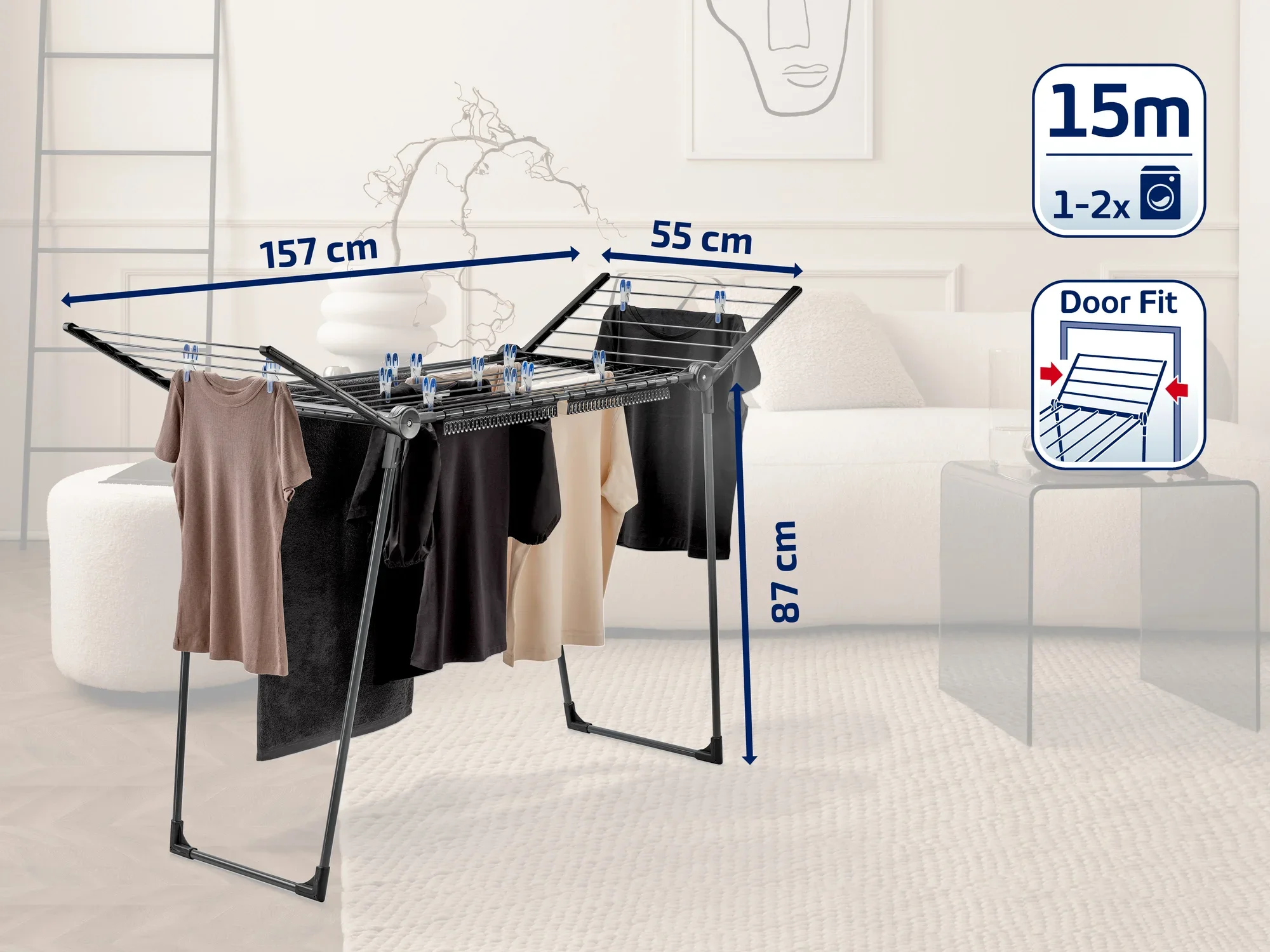 Un séchoir sur pied avec une longueur de séchage de 15 mètres, idéal pour 1 à 2 machines de linge. Il mesure 157 cm de large, 55 cm de profondeur et 87 cm de hauteur. Parfait pour les petits espaces.