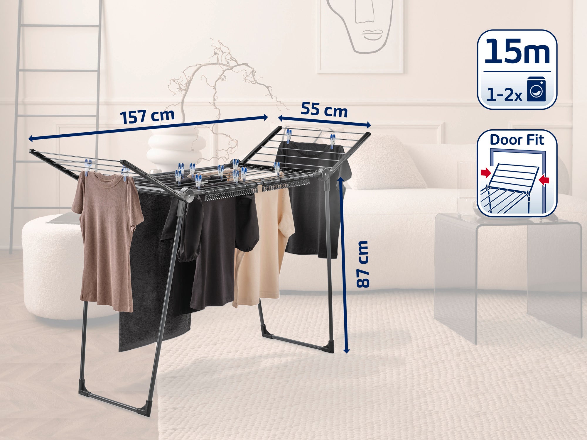 A free-standing dryer with a drying length of 15 metres, ideal for 1-2 loads of laundry. It measures 157 cm in width, 55 cm in depth and 87 cm in height. Perfect for small spaces.