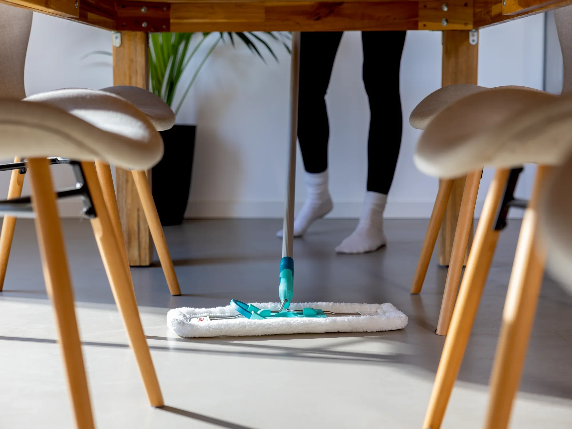 Se utiliza un plumero SUPERDUSTER Floor XL debajo de una mesa. Una persona limpia el suelo con el plumero mientras lleva calcetines blancos. Al fondo se ve una planta.