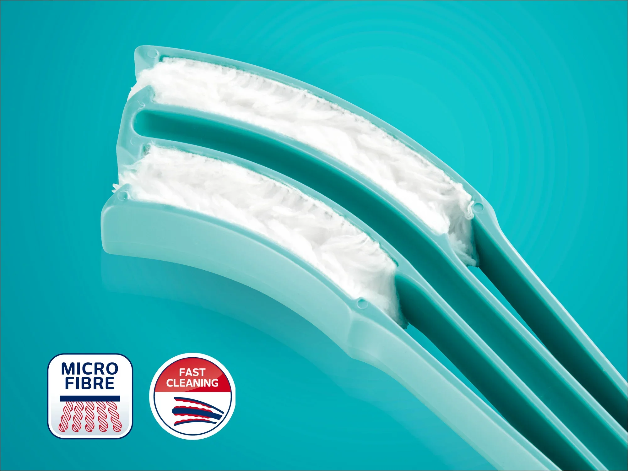Das Bild zeigt den Leifheit Fensterwischer mit zwei weißen Mikrofaserstreifen auf einem türkisfarbenen Hintergrund. Links unten sind Symbole für Mikrofaser und schnelles Reinigen.