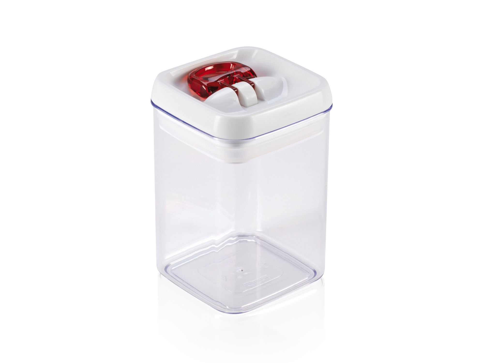 Boîte de conservation Fresh & Easy, 800 ml, carrée. Boîte transparente avec couvercle blanc et fermeture rouge. Idéale pour conserver les aliments dans la cuisine.