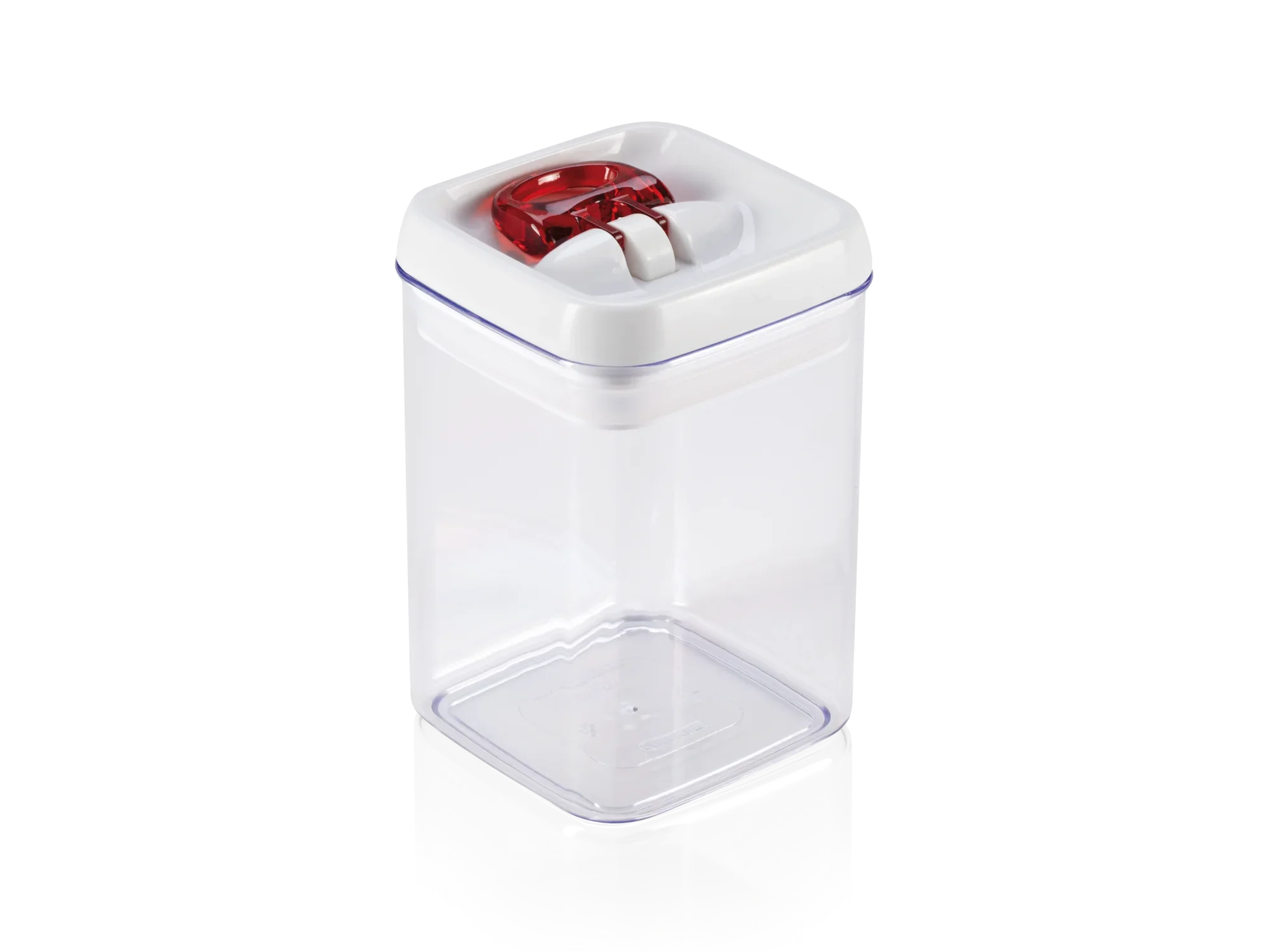 Fresh & Easy voorraadbus, 800 ml, vierkant. Transparante container met wit deksel en rode sluiting. Ideaal voor het bewaren van voedsel in de keuken.