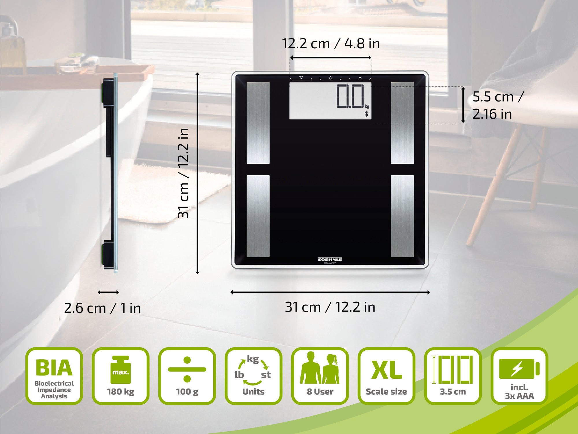 Digitale Personenwaage von Soehnle in Schwarz mit silbernen Akzenten. Zeigt Maße und Funktionen wie BIA-Technologie, Gewichtskapazität bis 180 kg und Speicher für 8 Benutzer. Ideal für präzise Körperanalysen.