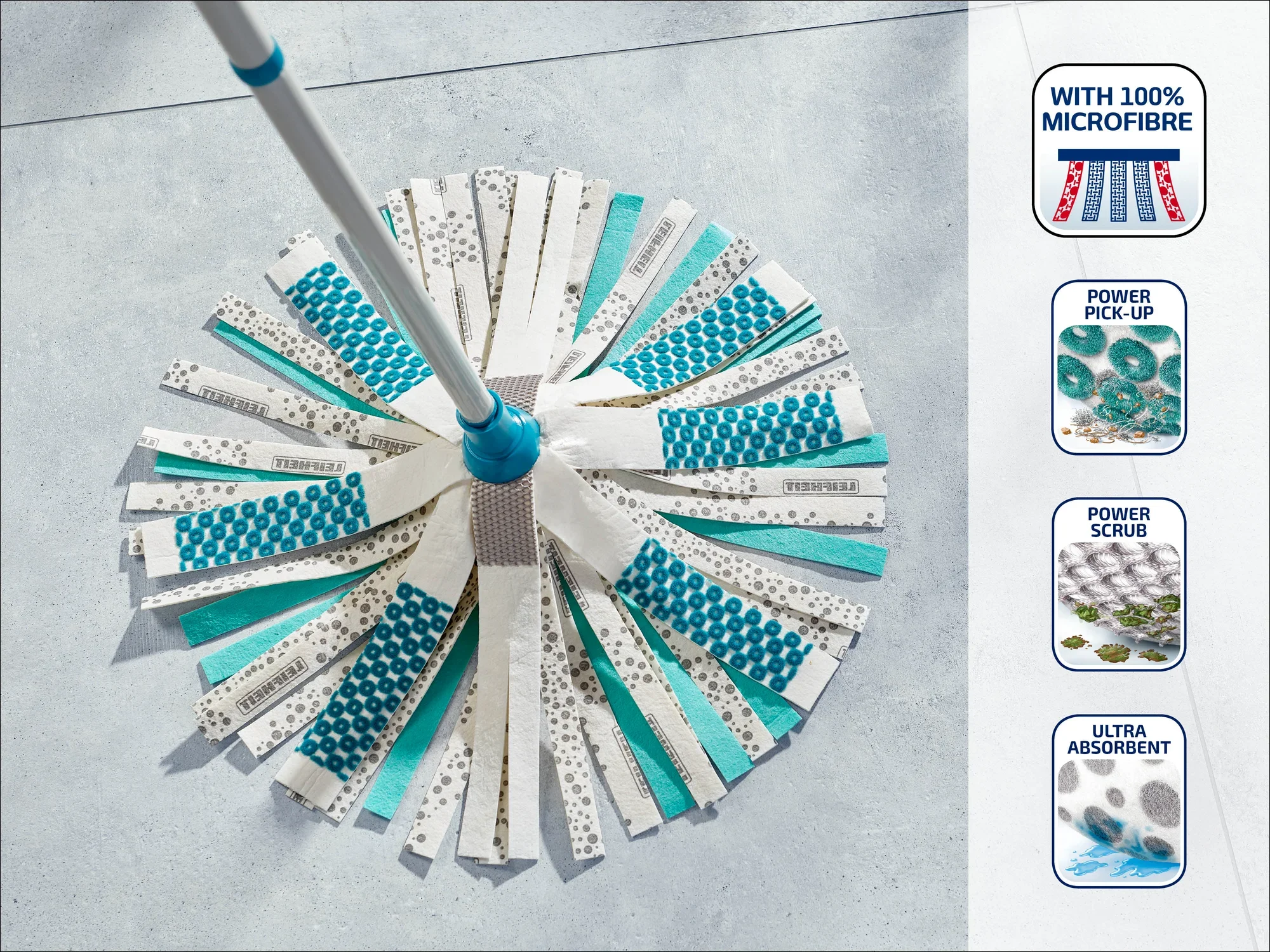 A microfibre mop with blue and white stripes lies on a light-coloured floor. On the right are symbols highlighting features such as 100% microfibre, high absorbency and cleaning power.