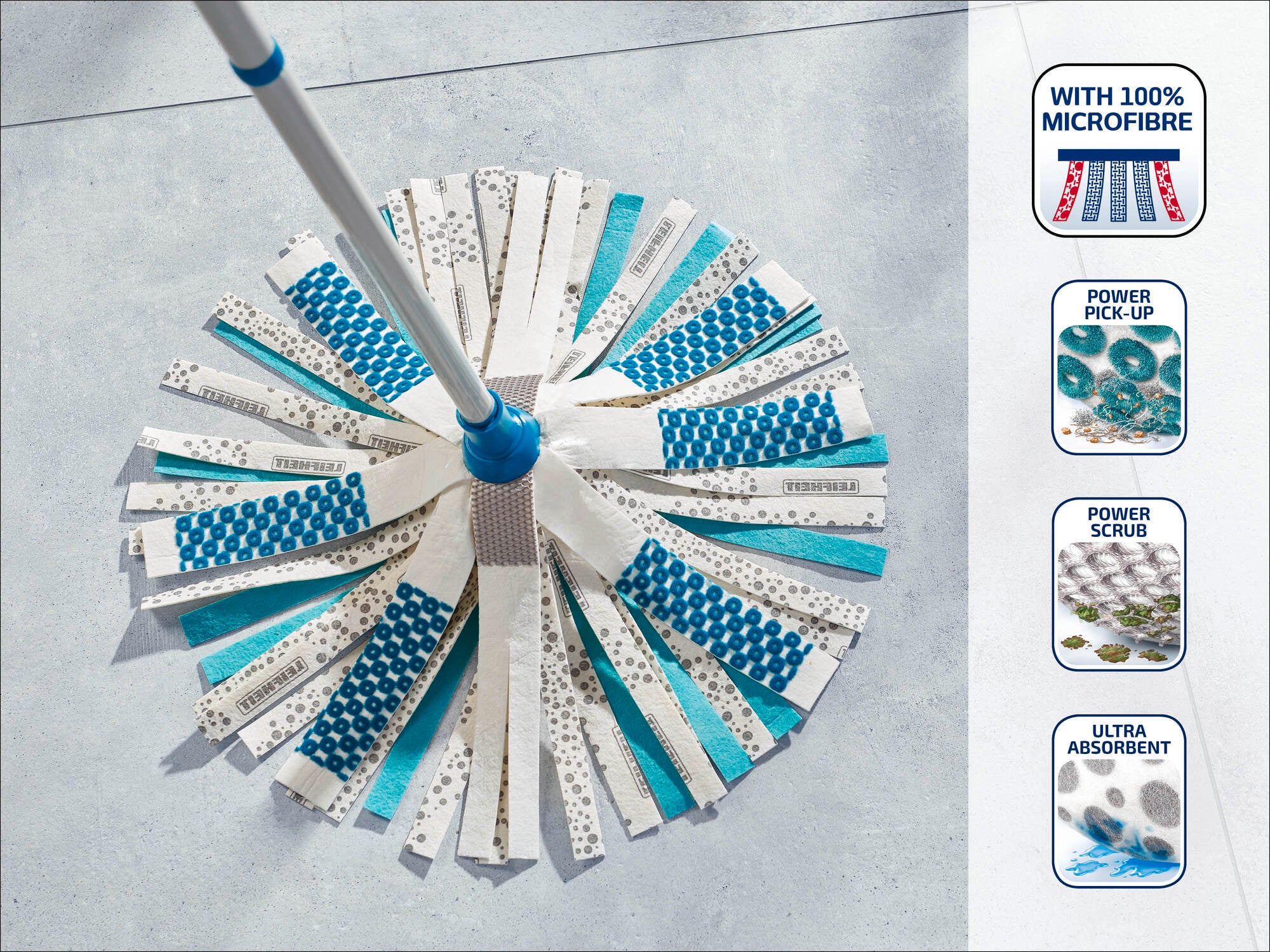 Una mopa de microfibra con rayas azules y blancas descansa sobre un suelo claro. A la derecha hay símbolos que destacan características como 100 % microfibra, alta absorción y poder de limpieza.