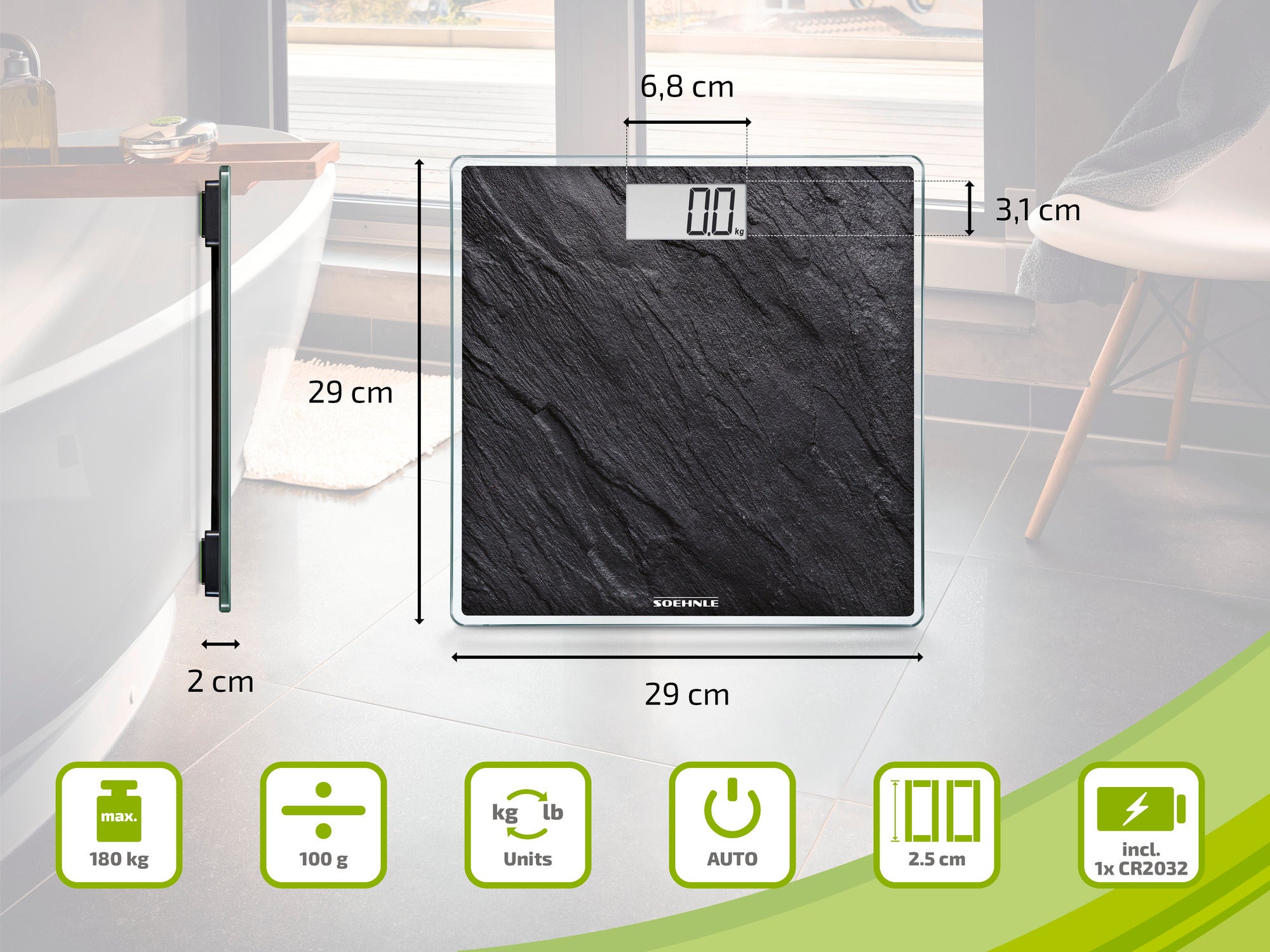 Personenwaage mit digitaler Anzeige, schwarzer Oberfläche und kompaktem Design. Misst 29 x 29 cm, unterstützt bis zu 180 kg. Ideal für präzise Gewichtsmessungen im Badezimmer.