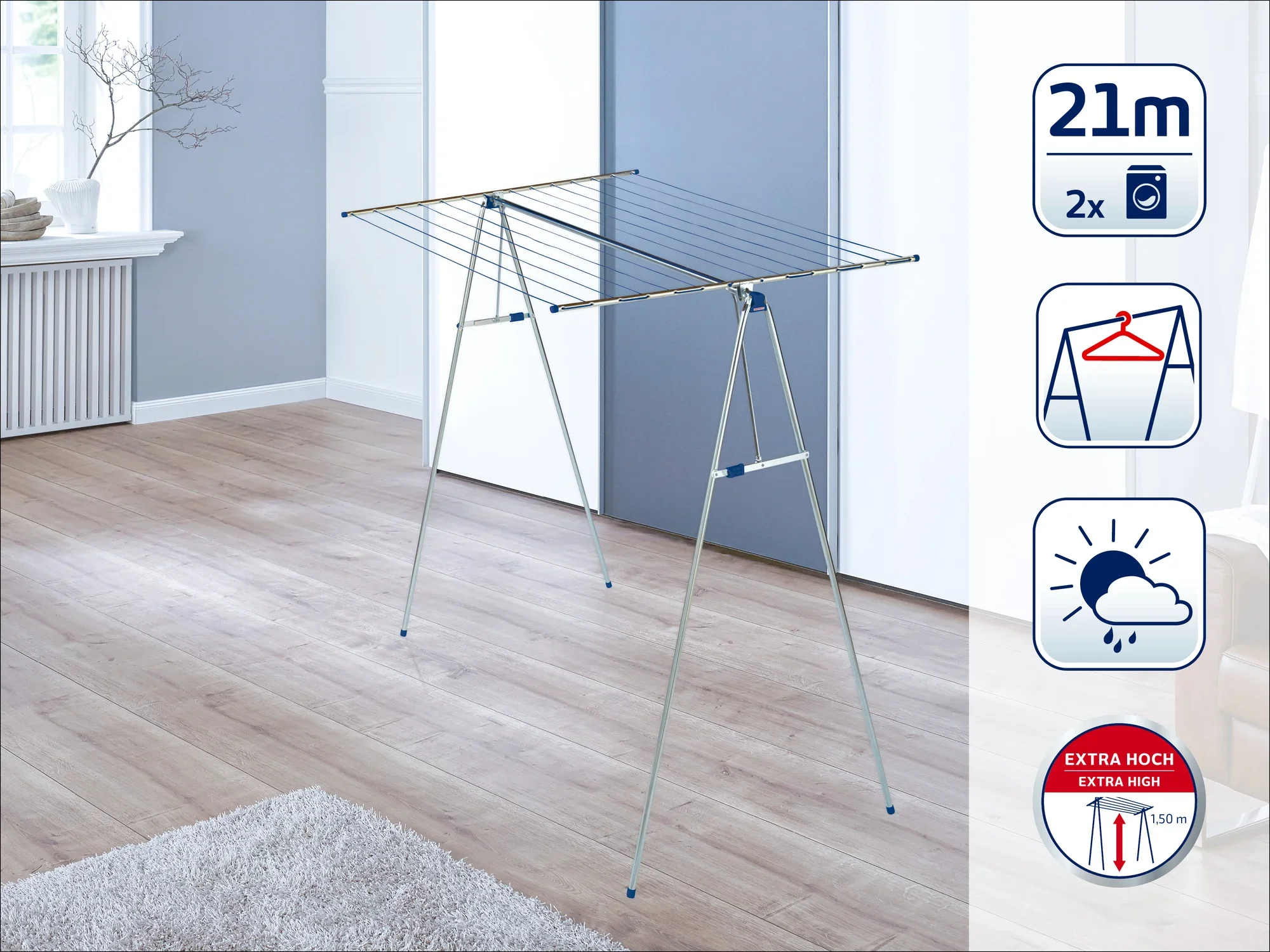 Wolnostojąca suszarka Leifheit w nowoczesnym pomieszczeniu. Suszarka oferuje 21 metrów długości suszenia i jest idealna dla dwóch wsadów prania. Jest bardzo wysoka i odporna na warunki atmosferyczne.