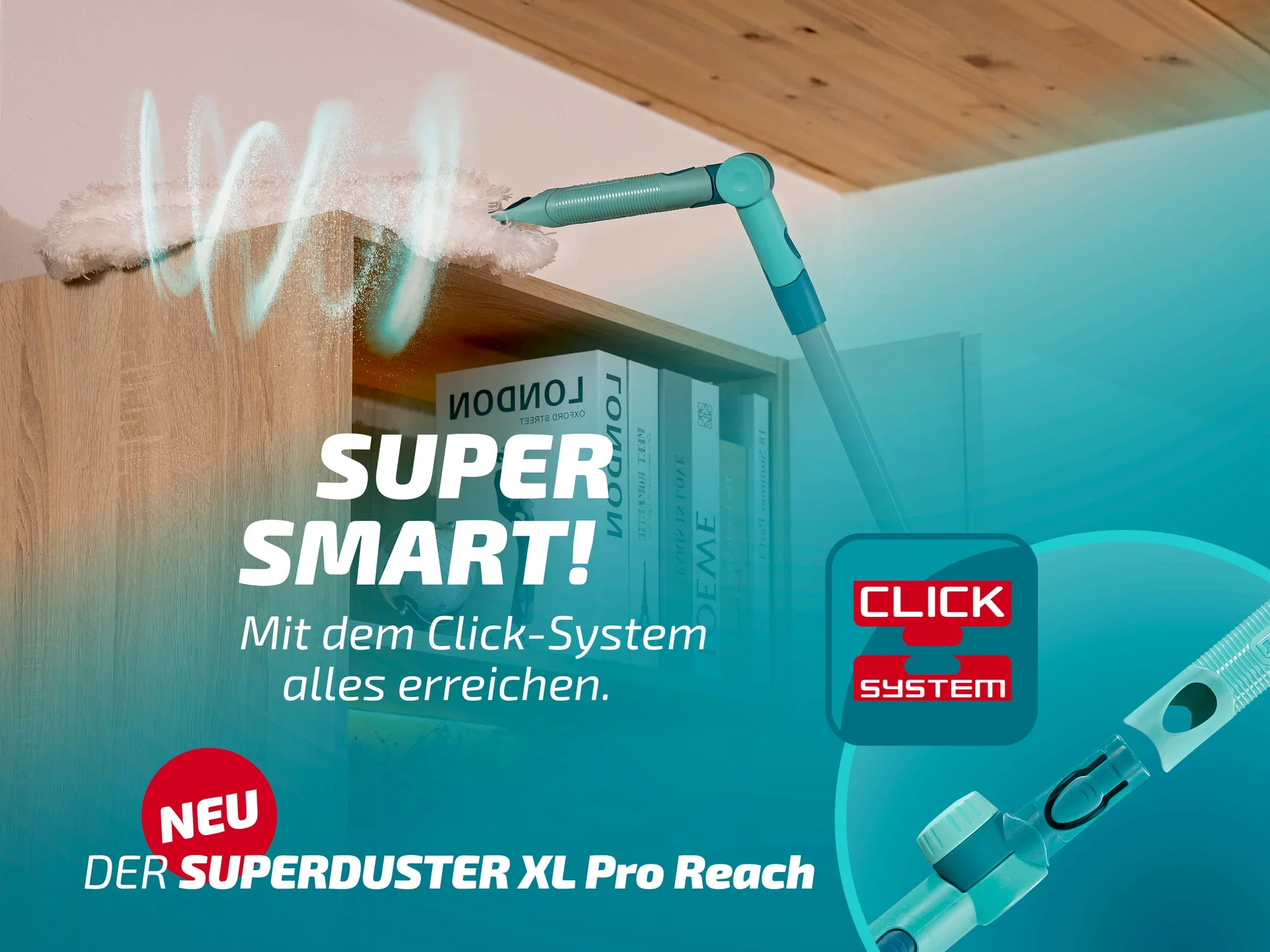Der Leifheit Superduster XL Pro Reach ist ein innovativer Staubwedel mit Click-System, ideal für schwer erreichbare Stellen. Perfekt für die Reinigung von hohen Regalen.