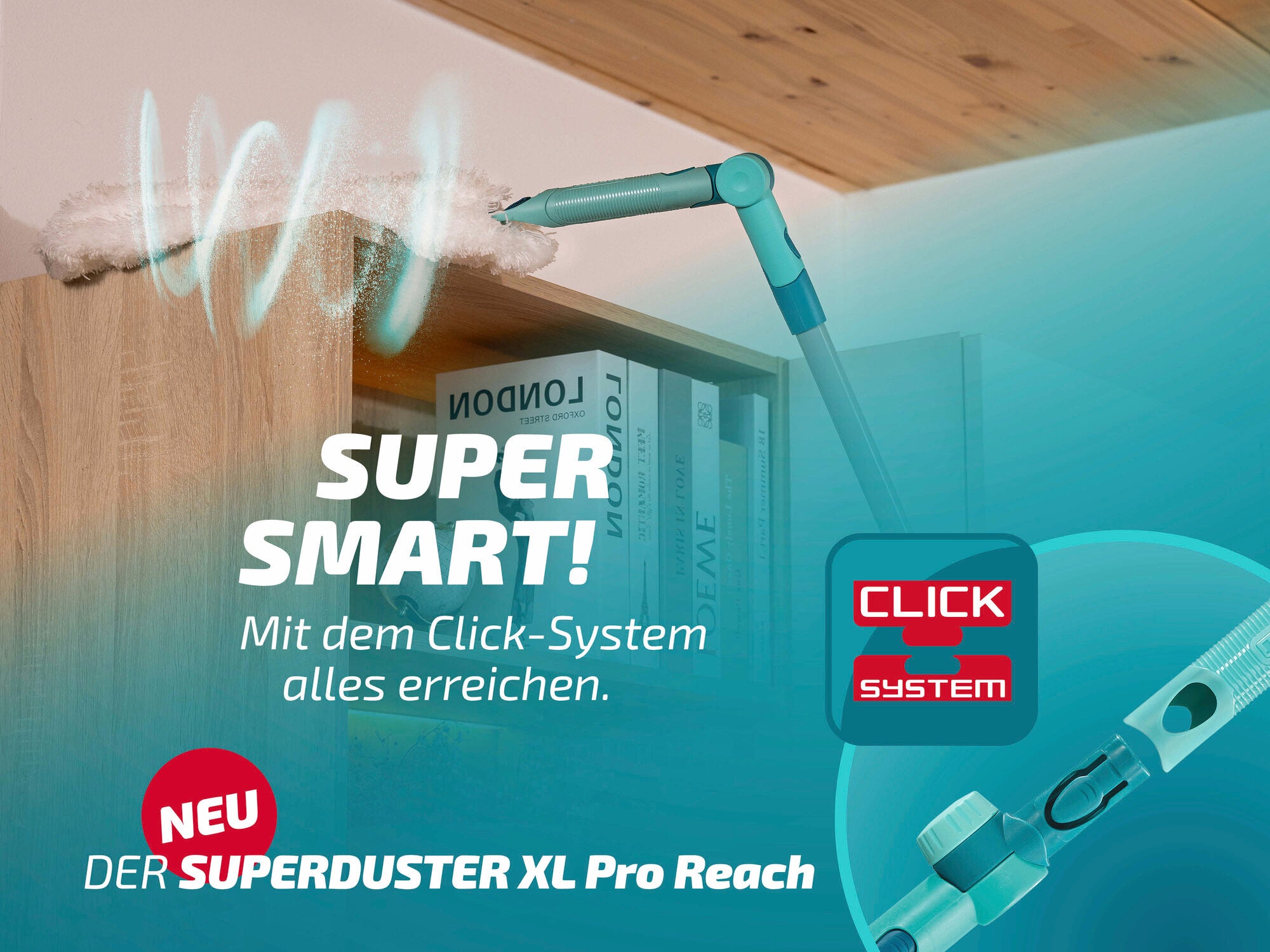 Der Leifheit Superduster XL Pro Reach ist ein innovativer Staubwedel mit Click-System, ideal für schwer erreichbare Stellen. Perfekt für die Reinigung von hohen Regalen.