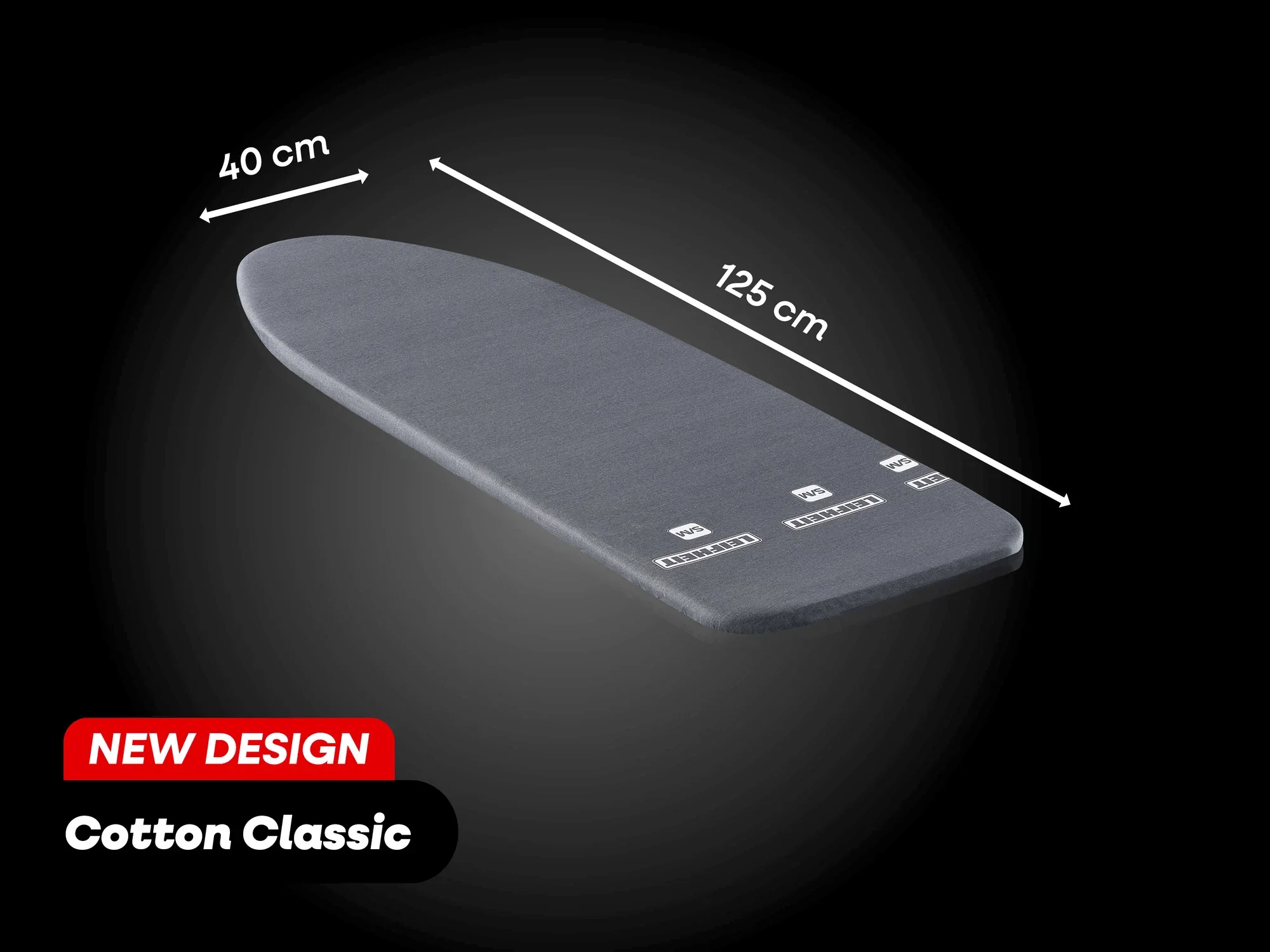 Bügeltischbezug Cotton Classic in Schwarz, geeignet für Bügeltische der Größe S-M. Maße: 125 cm Länge und 40 cm Breite. Neues Design für verbessertes Bügelerlebnis.