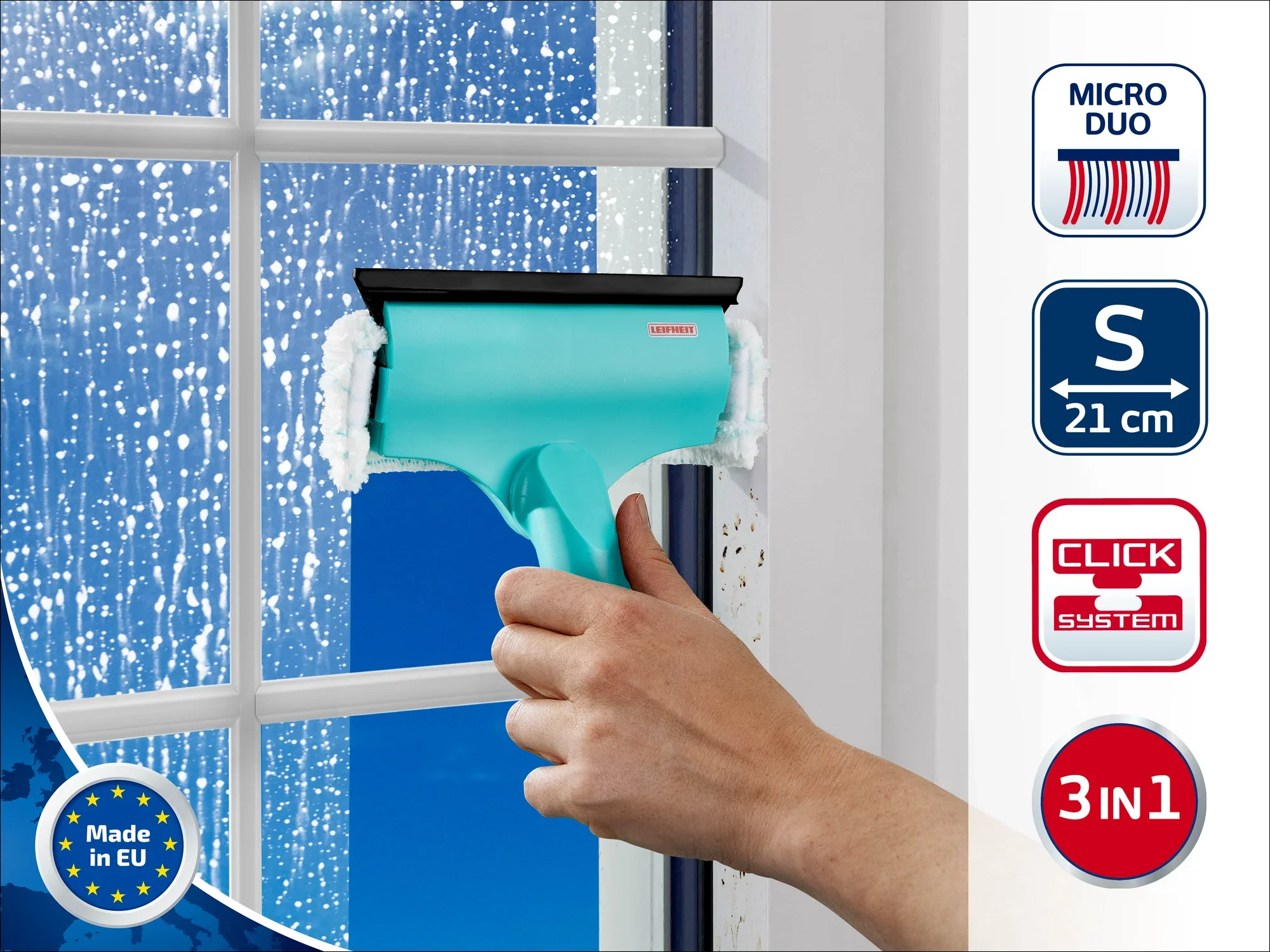 Myjka do okien firmy Leifheit służy do czyszczenia okien. Produkt ma 21 cm szerokości i jest częścią systemu Click. Oferuje funkcję 3 w 1 i jest produkowany w UE.