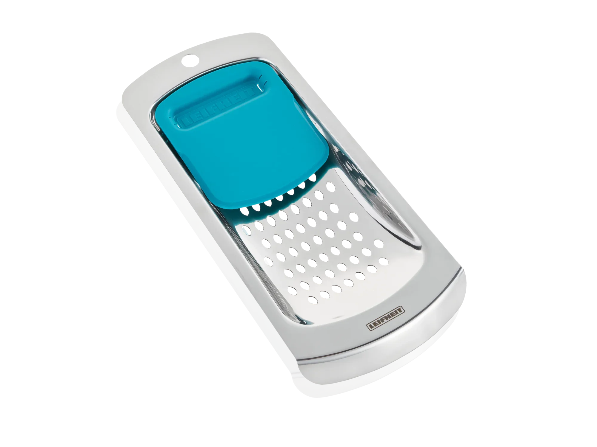 Un racloir à spätzle en acier inoxydable avec poignée ergonomique et couvercle en plastique bleu. Idéal pour préparer facilement et rapidement des spätzle. Parfait pour la cuisine.