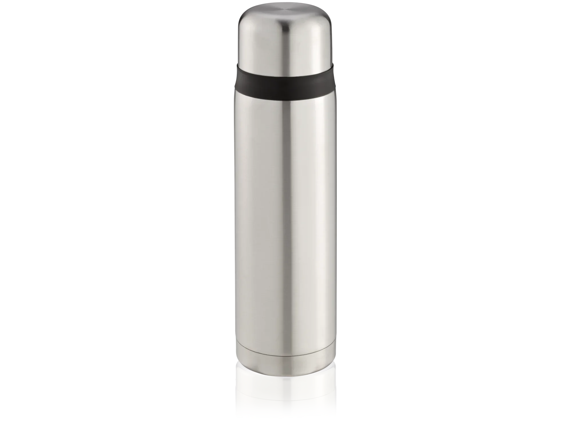 Coco isoleerfles van roestvrij staal met een inhoud van 1000 ml. De fles heeft een strak, zilverkleurig ontwerp met een zwarte ring op het deksel. Ideaal voor op reis.