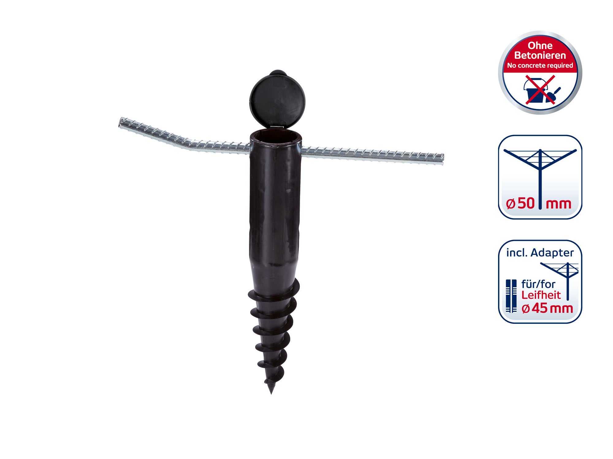 Solidna kotwa gruntowa do suszarek obrotowych, którą można zainstalować bez betonowania. Zawiera adapter do modeli Leifheit o średnicy 45 mm.