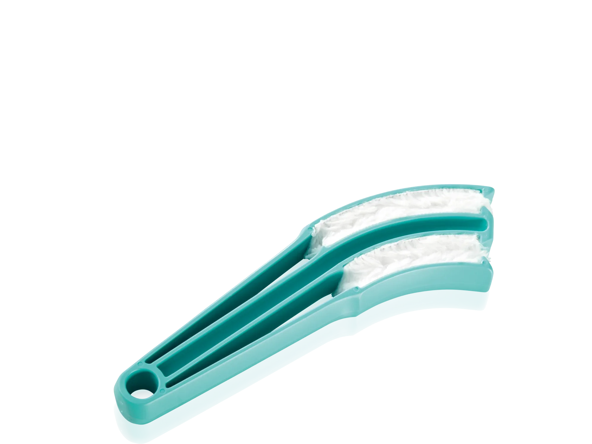 Jalousetta rolgordijnreiniger in turkoois met twee witte reinigingspads. Ideaal voor het effectief reinigen van jaloezieën. Ergonomisch ontwerp voor eenvoudig gebruik.