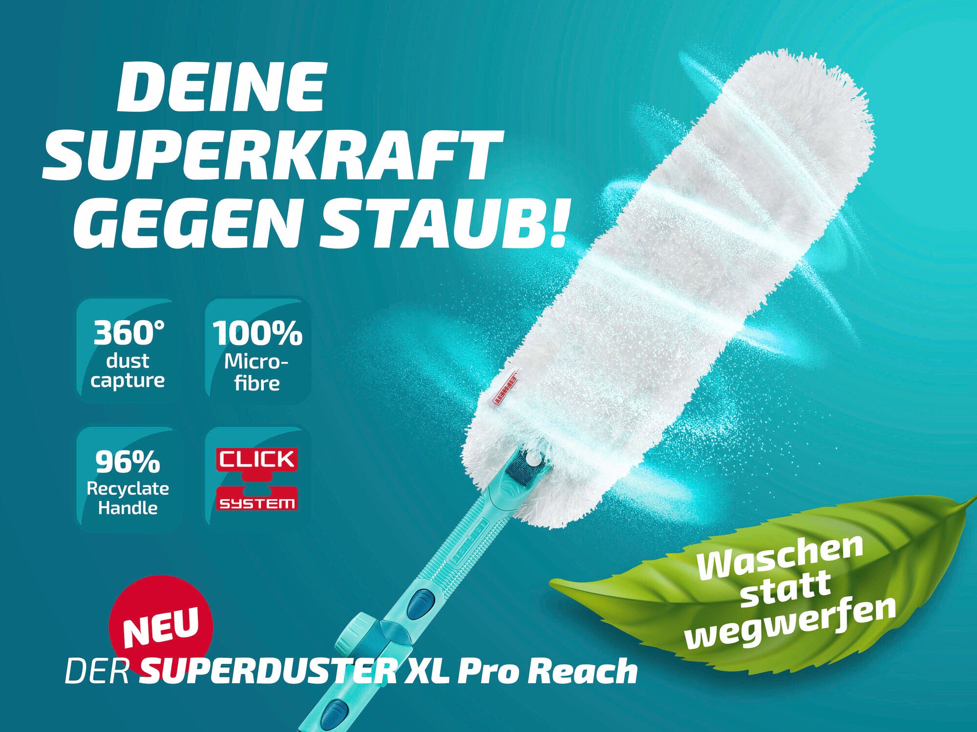 Der Leifheit Superduster XL Pro Reach ist ein Staubwedel mit 360°-Staubaufnahme und 100% Mikrofaser. Er hat einen Griff aus 96% recyceltem Material und ist waschbar. Ideal für effiziente Reinigung.