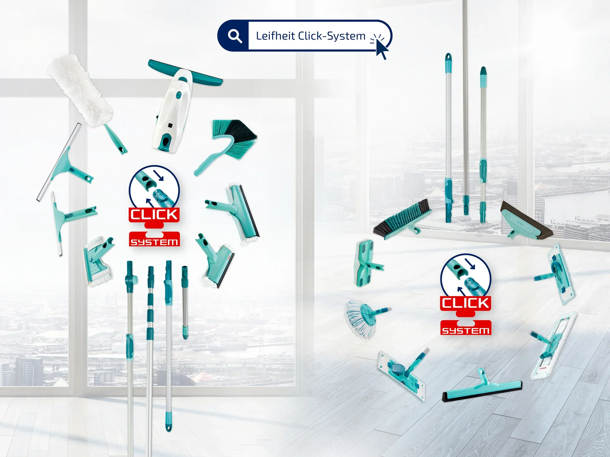 The image shows the Leifheit Click System, consisting of various cleaning tools such as brooms, mops and telescopic poles. These are arranged in a bright room.