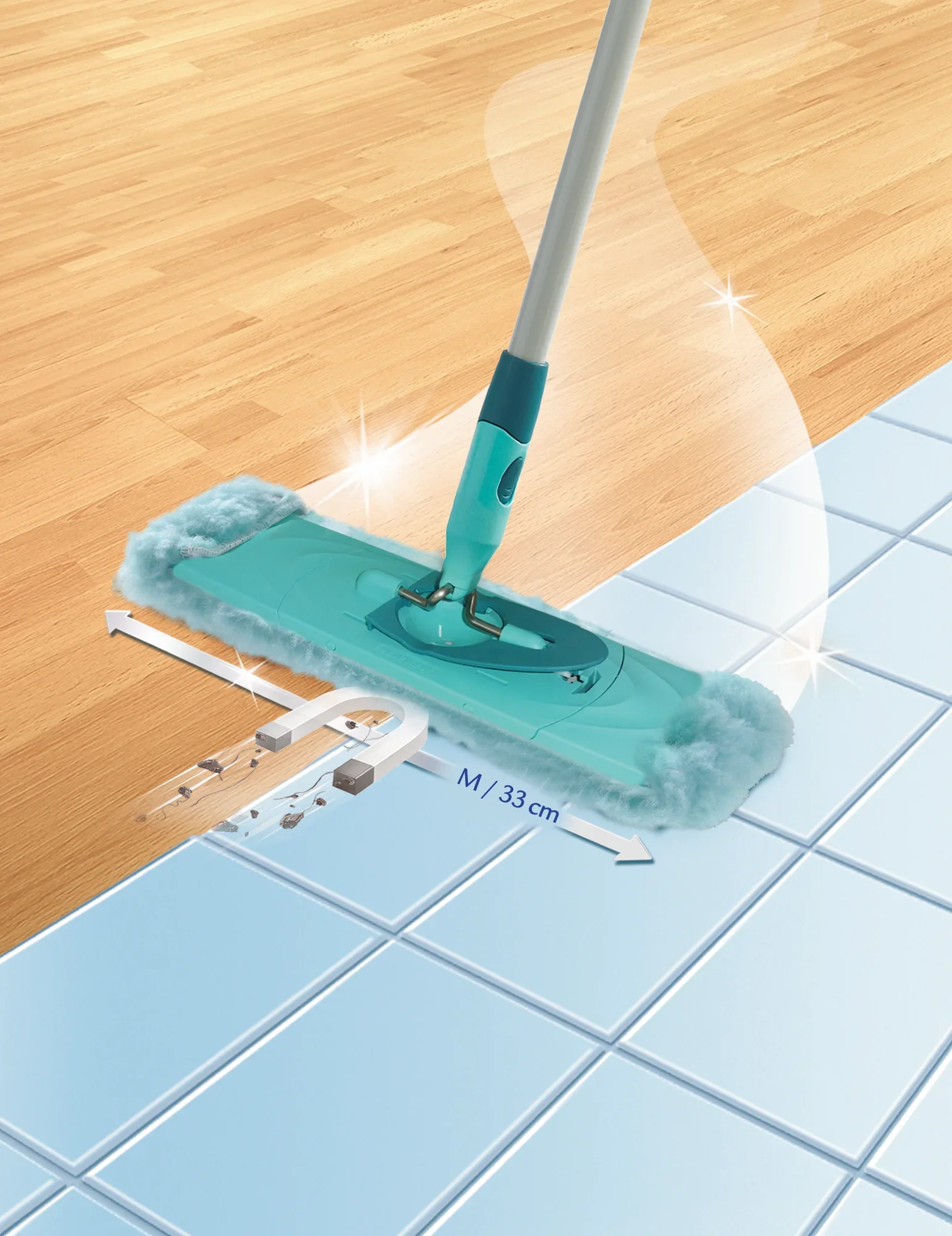 Una funda para mopa del modelo CLEAN TWIST M se utiliza sobre superficies alicatadas. La funda mide 33 cm de ancho y es ideal para la limpieza a fondo de suelos.