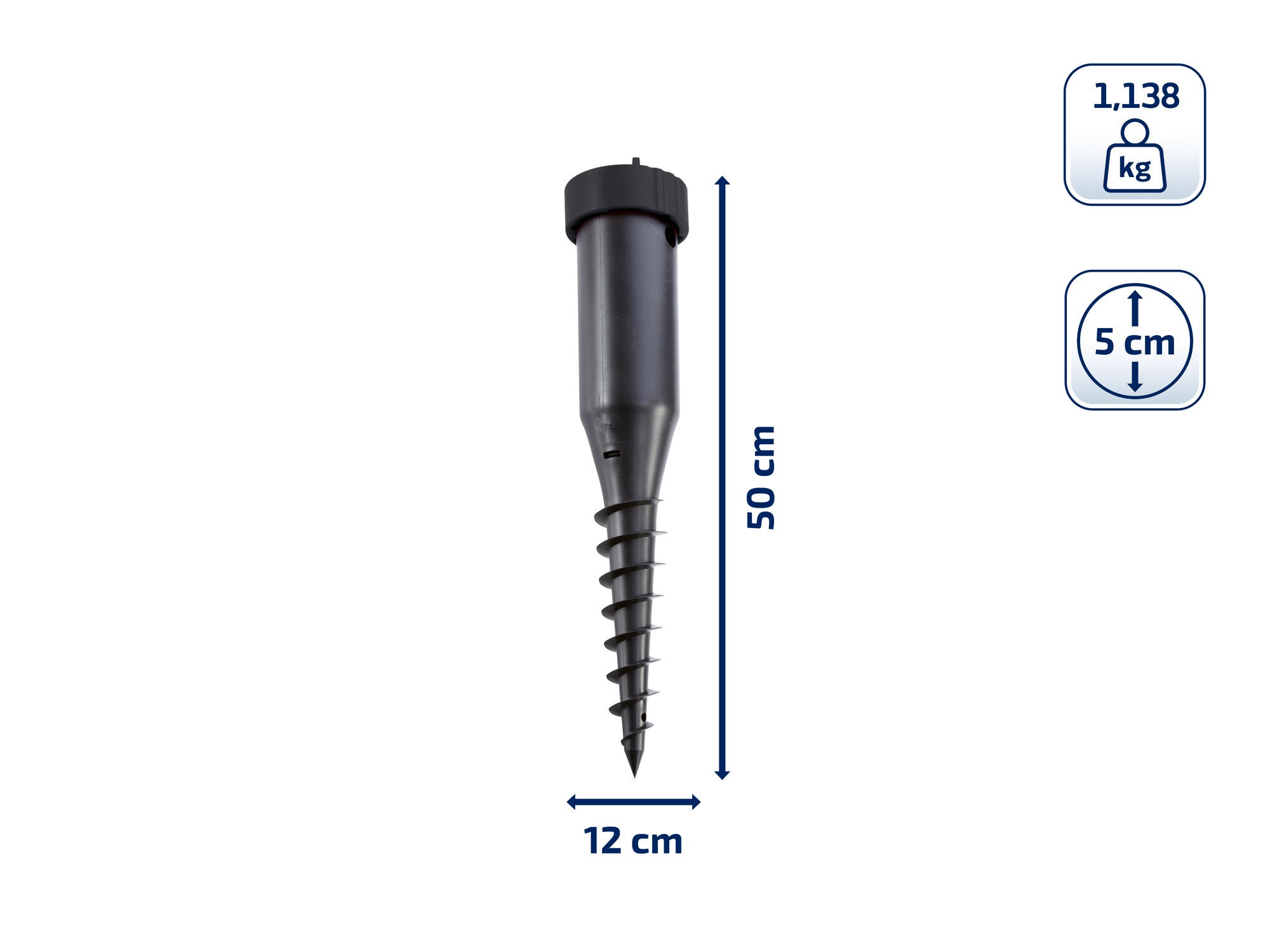 Un anclaje al suelo estable para tendederos plegables, de 50 cm de alto y 12 cm de ancho. Pesa 1,138 kg y tiene un diámetro de 5 cm. Ideal para una sujeción firme al suelo.