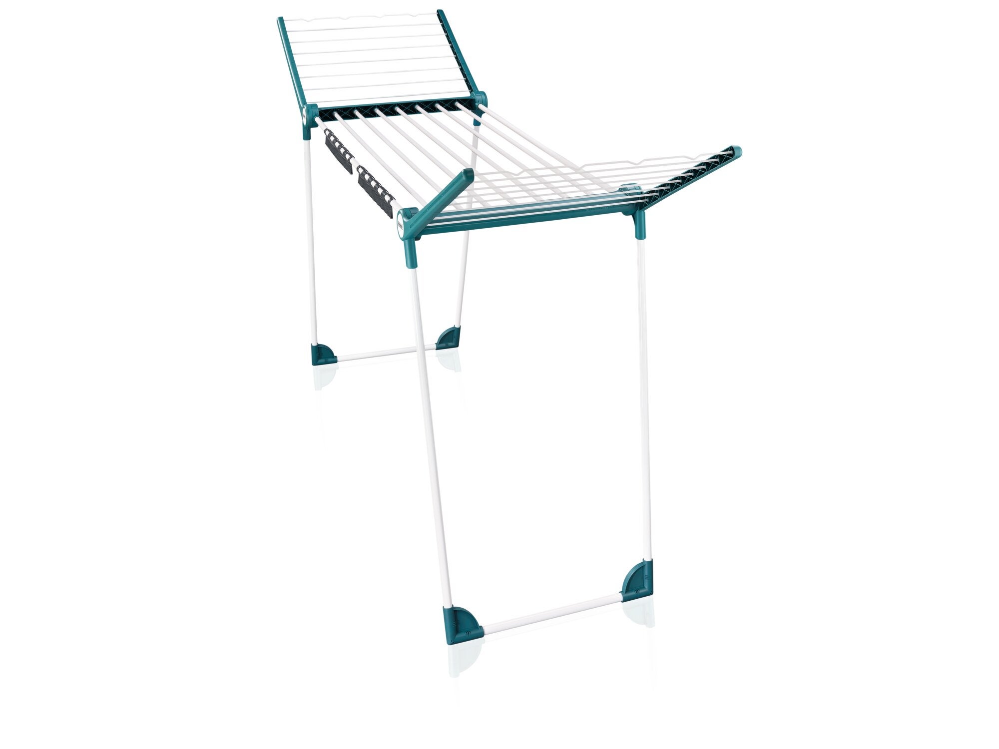 Standtrockner Pegasus Rock Solid Care von Leifheit in Weiß und Türkis. Der Trockner hat ausklappbare Flügel und stabile Standfüße, ideal für drinnen und draußen.