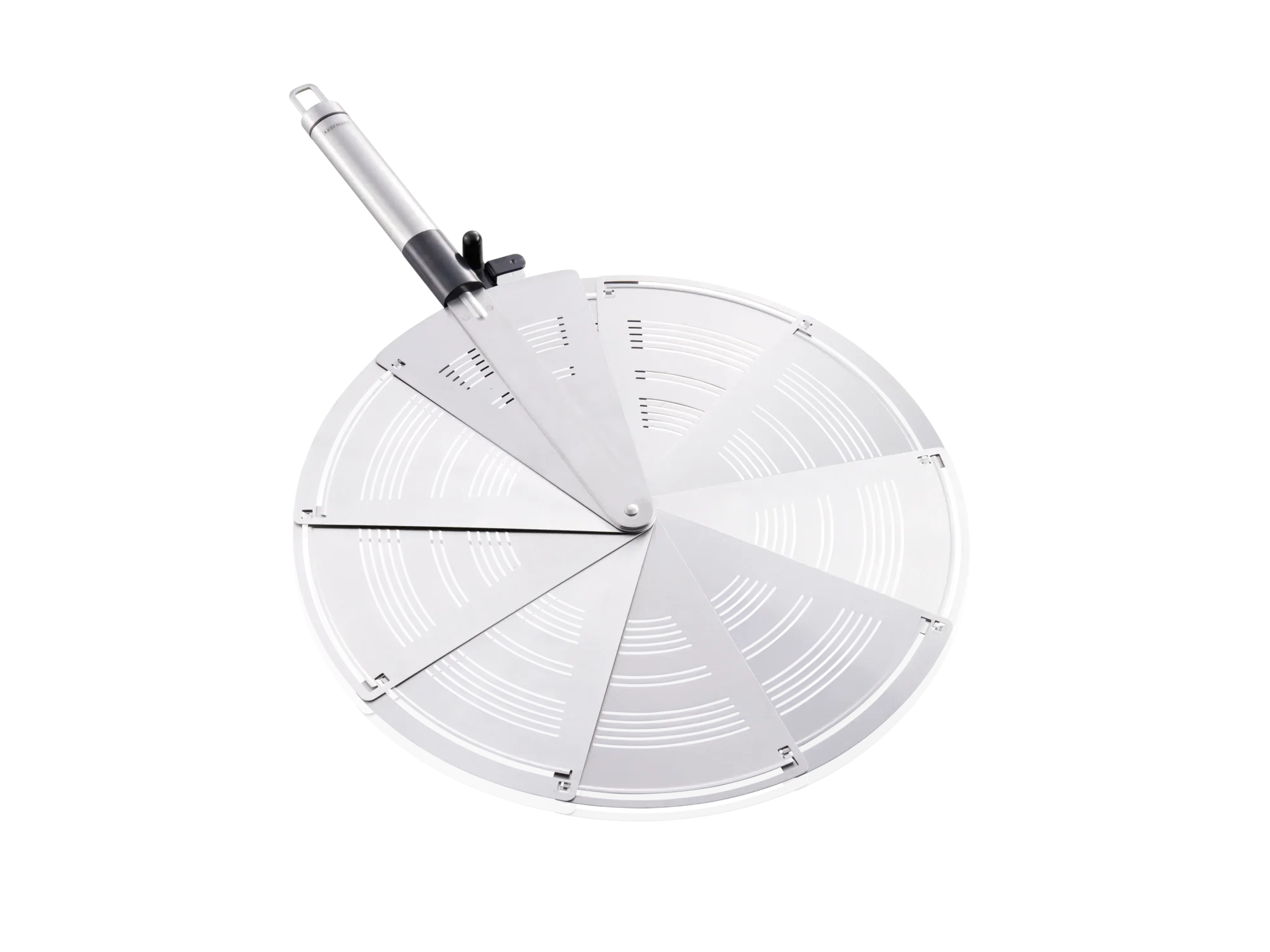 Roestvrijstalen spatbescherming met verstelbare lamellen, ideaal voor gebruik in de keuken. Beschermt tegen spatten tijdens het koken en is gemakkelijk schoon te maken.