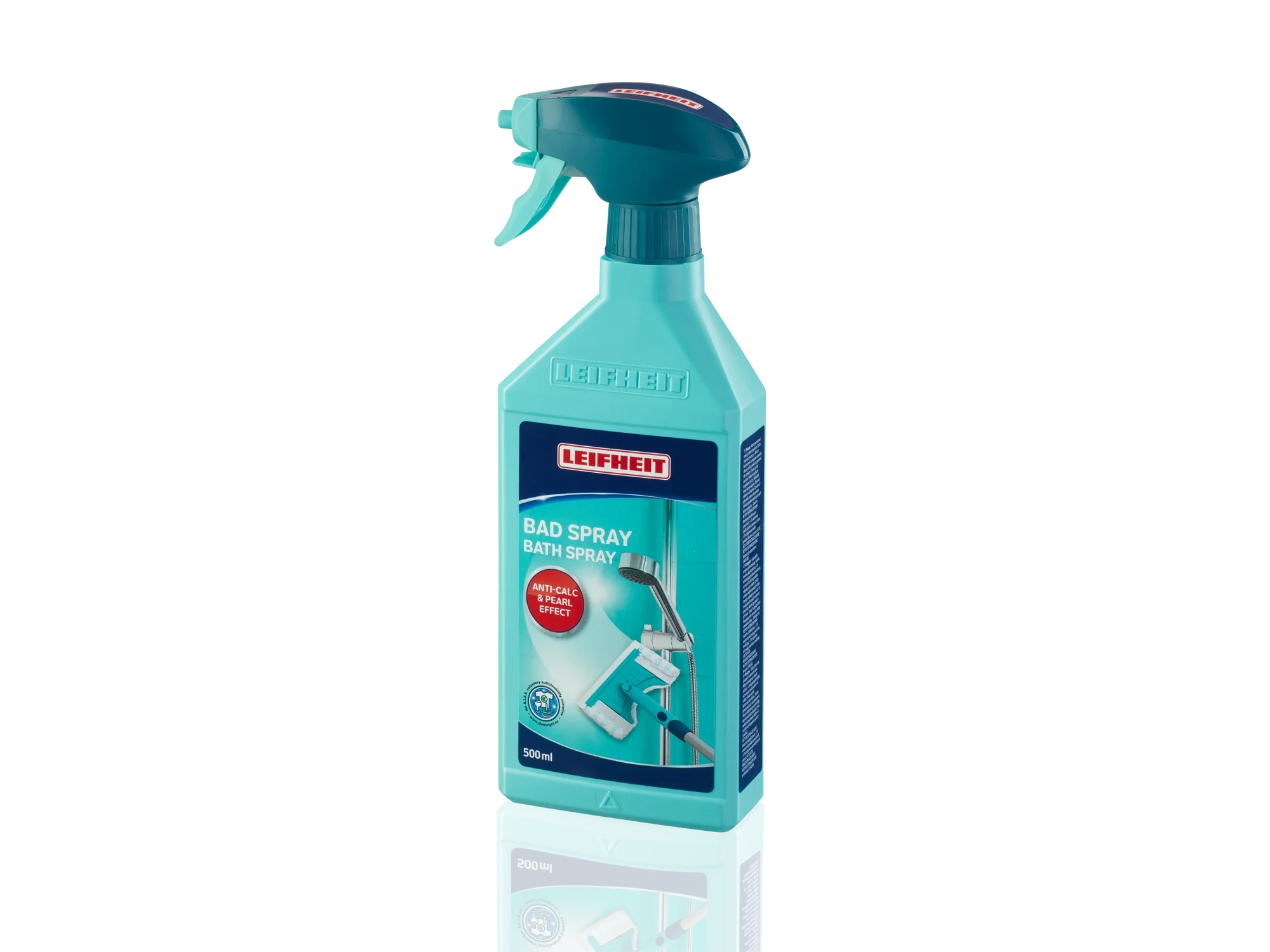 Eine türkisfarbene Sprühflasche mit der Aufschrift "Badspray" von der Marke Leifheit. Die Flasche hat ein ergonomisches Design und ist für die Reinigung von Badezimmeroberflächen geeignet.