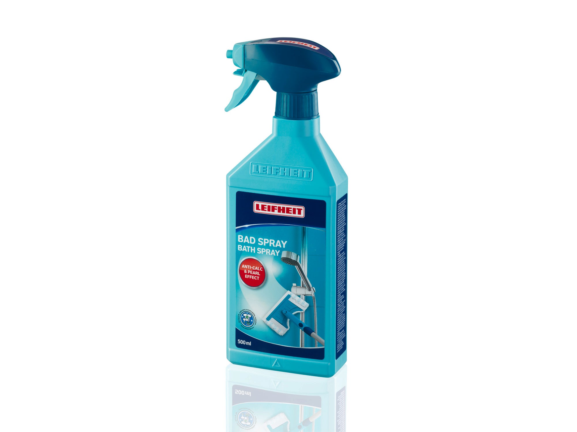 Turkusowa butelka z rozpylaczem z napisem "Bathroom spray" marki Leifheit. Butelka ma ergonomiczny kształt i nadaje się do czyszczenia powierzchni łazienkowych.