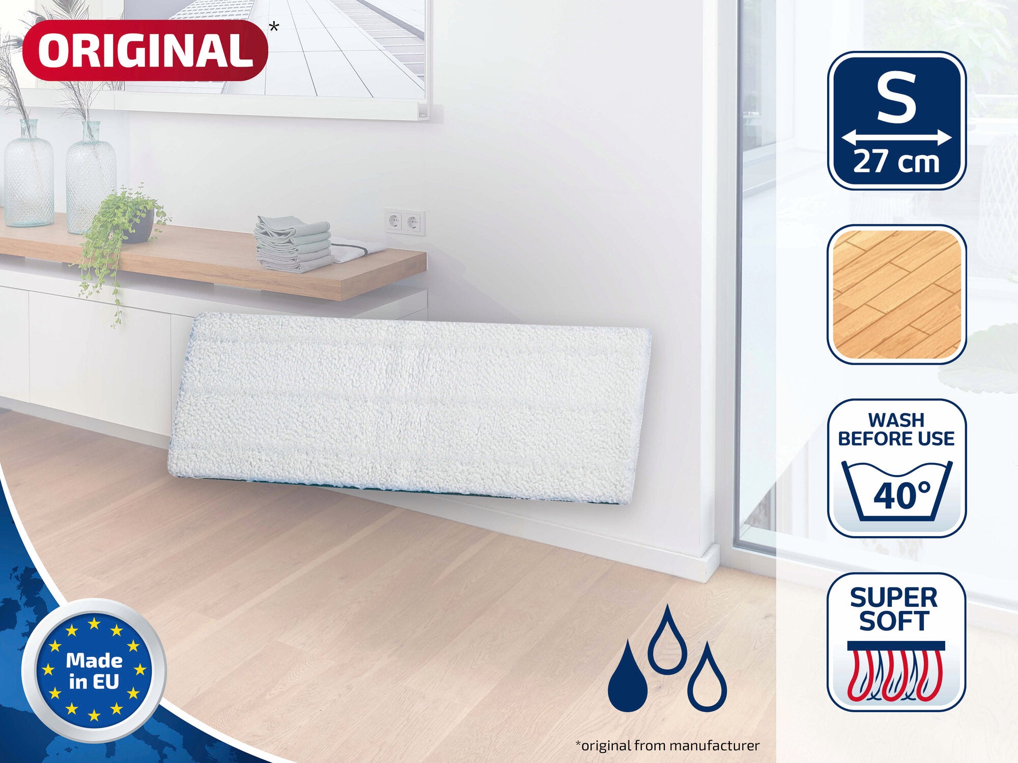 Leifheit Wischpad Picobello S super soft, geeignet für empfindliche Böden. Maße: 27 cm. Waschbar bei 40 Grad. Hergestellt in der EU. Ideal für eine sanfte Reinigung.