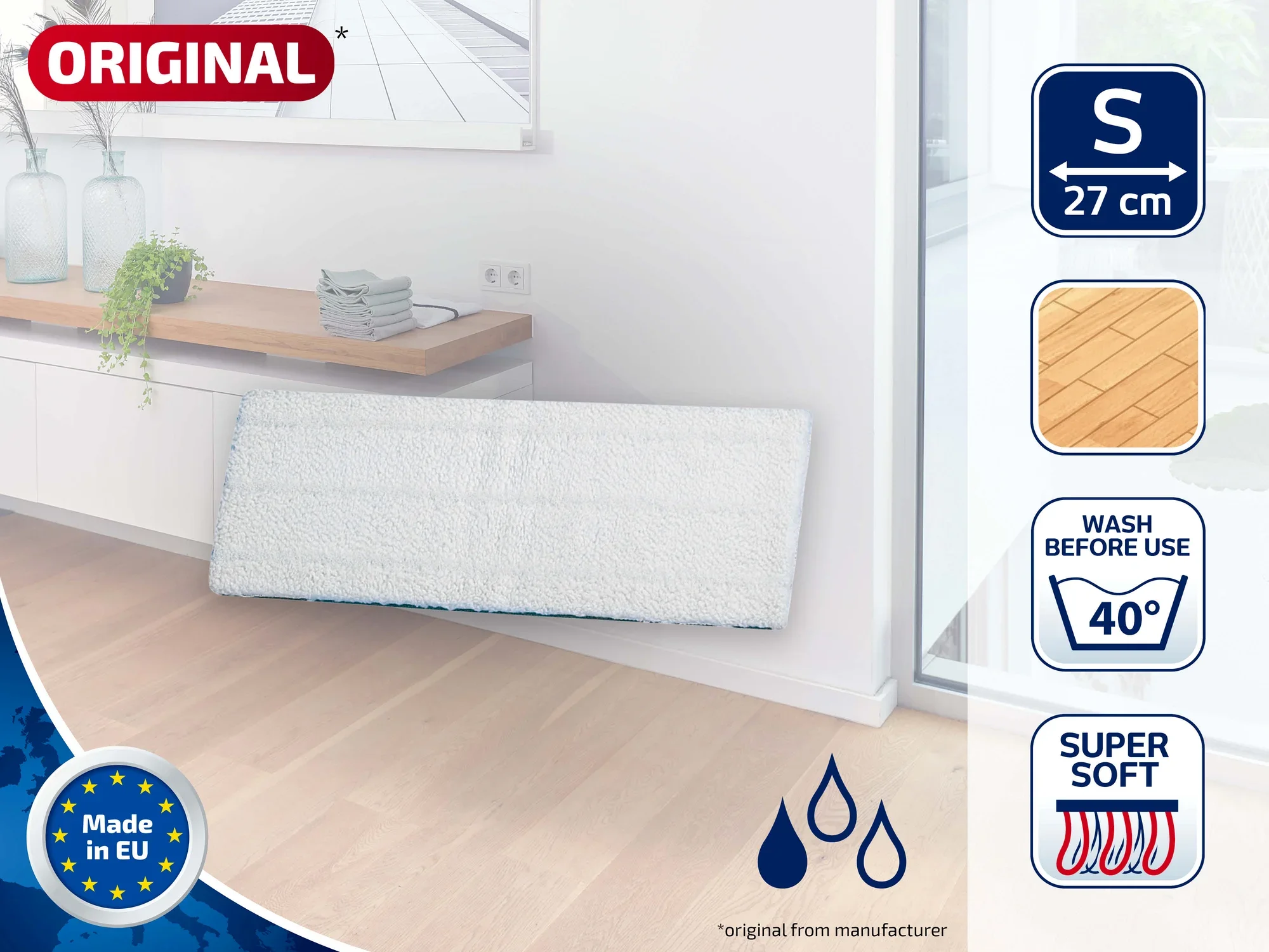 Leifheit Wischpad Picobello S super soft, geeignet für empfindliche Böden. Maße: 27 cm. Waschbar bei 40 Grad. Hergestellt in der EU. Ideal für eine sanfte Reinigung.