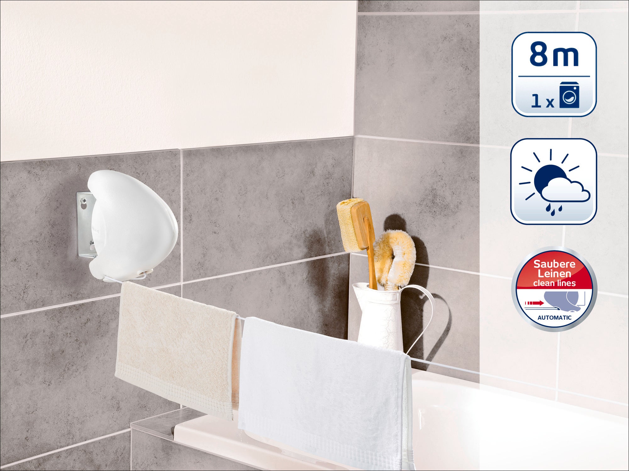 Een wanddroger is geïnstalleerd in een moderne badkamer. Hij heeft een drooglengte van 8 meter en is ideaal voor schone was. Symbolen geven de weerbestendige eigenschappen aan.