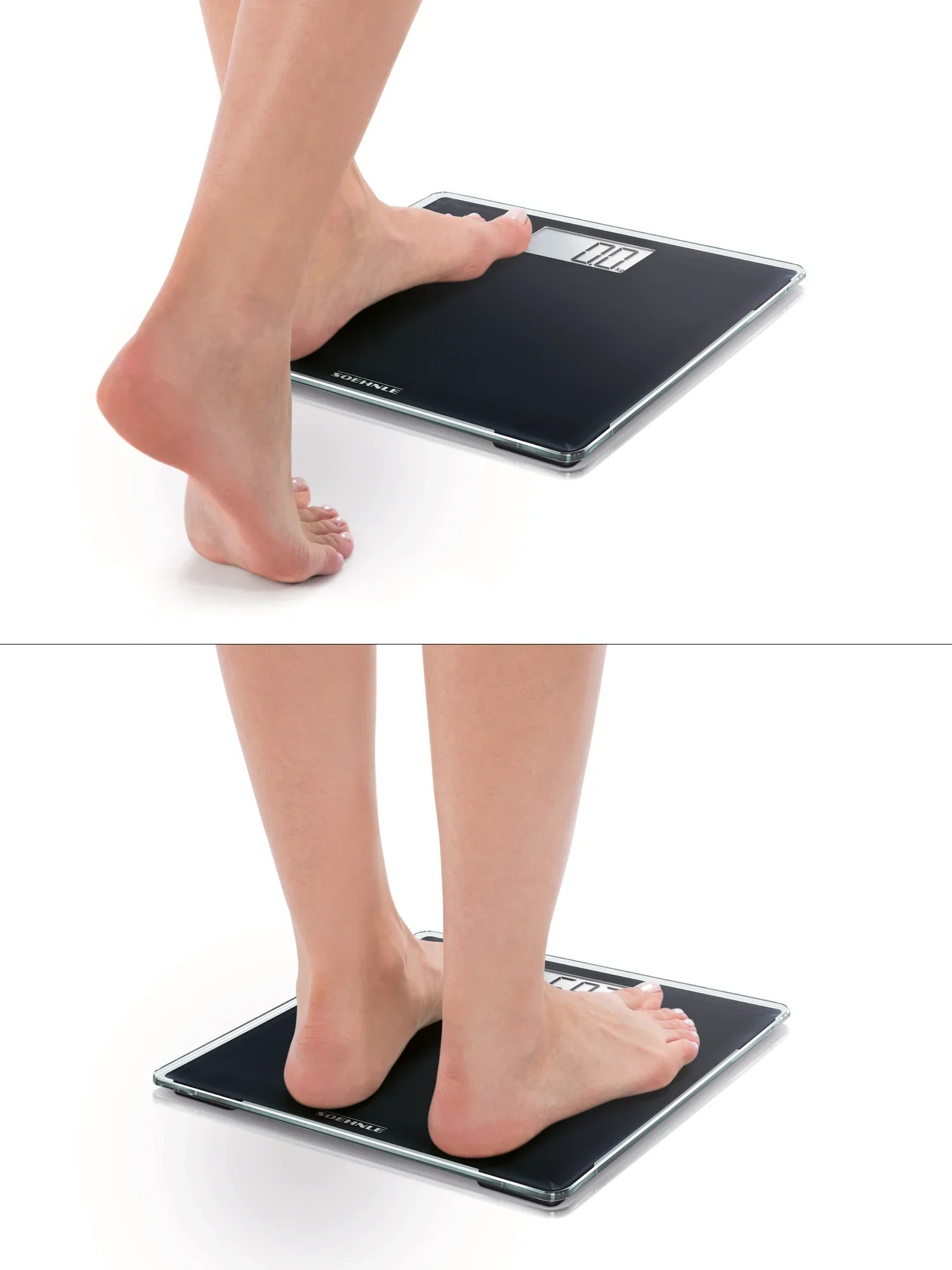 Eine Person steht barfuß auf einer digitalen Personenwaage, Modell Style Sense Compact 100. Die Waage hat ein schlankes, modernes Design und zeigt das Gewicht auf einem klaren Display an.