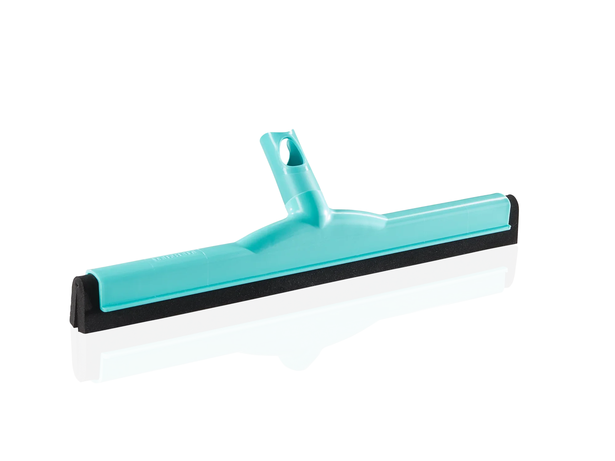 Een turquoise-kleurige waterschraper met een zwarte rubberen lip, ideaal voor het effectief verwijderen van water van gladde oppervlakken. Perfect voor gebruik in huishoudens en commerciële ruimtes.