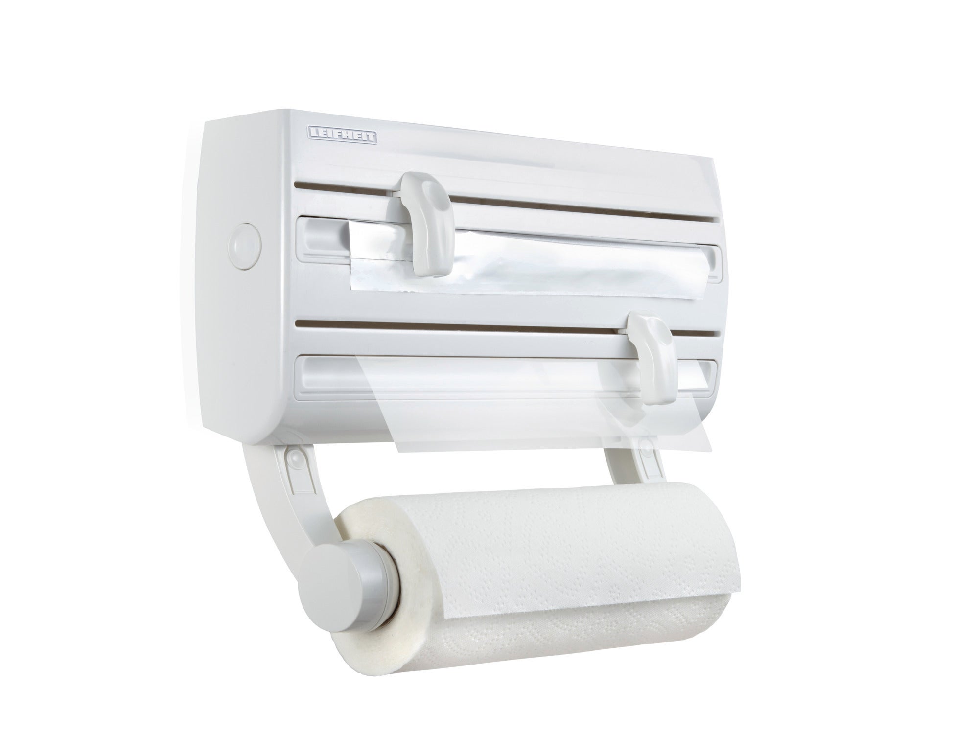 Support mural pour rouleaux Parat F2 : un support mural élégant et blanc avec deux coupe-rouleaux intégrés pour le film alimentaire et un emplacement supplémentaire pour le papier essuie-tout. Idéal pour une cuisine ordonnée et efficace.