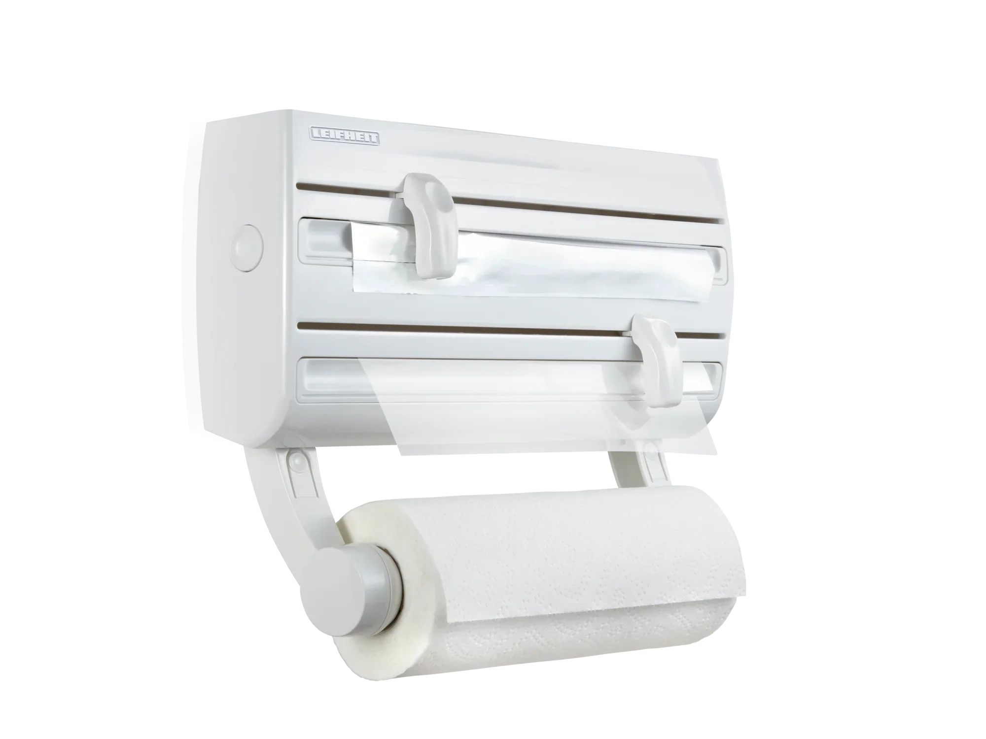 Parat F2 wandrolhouder: Een elegante, witte wandrolhouder met twee geïntegreerde snijders voor folie en een extra ruimte voor keukenpapier. Ideaal voor een opgeruimde en efficiënte keuken.