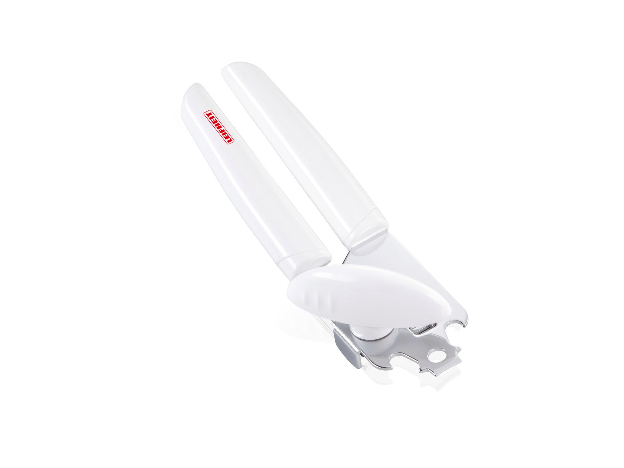 Ein weißer Dosenöffner mit ergonomischen Griffen, ideal für müheloses Öffnen von Konservendosen. Das schlanke Design sorgt für eine einfache Handhabung und Lagerung.