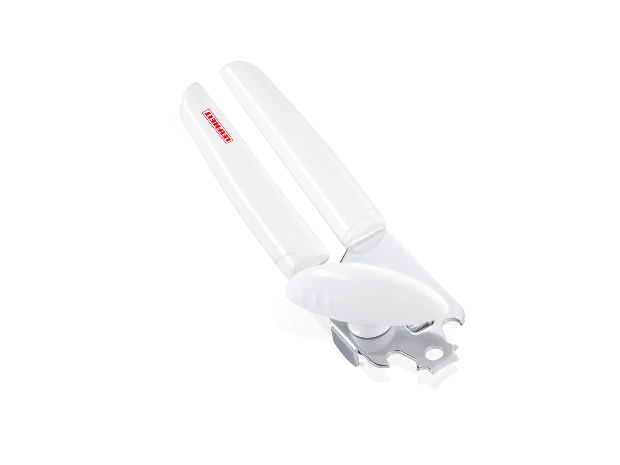 Een witte blikopener met ergonomische handgrepen, ideaal voor het moeiteloos openen van blikken. Het slanke ontwerp zorgt voor eenvoudig hanteren en opbergen.