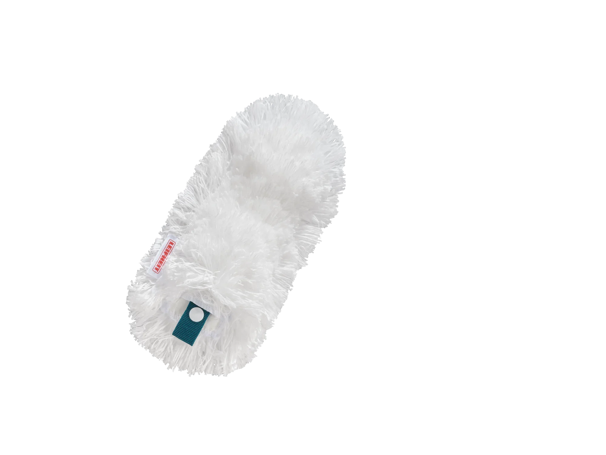 Een witte SUPERDUSTER model stofdoek, ideaal voor het efficiënt reinigen van gladde oppervlakken. De hoes is pluizig en heeft een rechthoekige vorm met afgeronde hoeken.