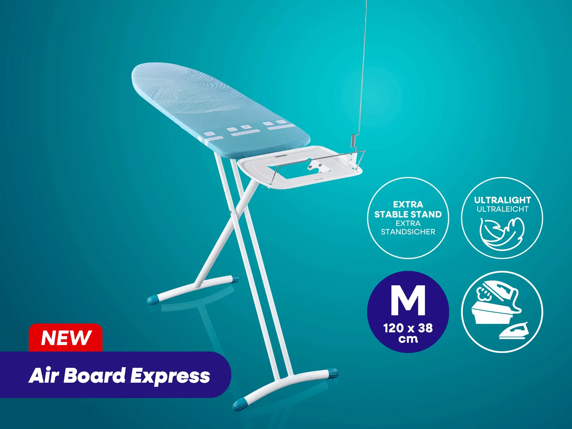 Bügeltisch Air Board Express von Leifheit in Größe M, 120 x 38 cm. Der Tisch ist ultraleicht und hat einen extra stabilen Stand. Ideal für effizientes Bügeln.