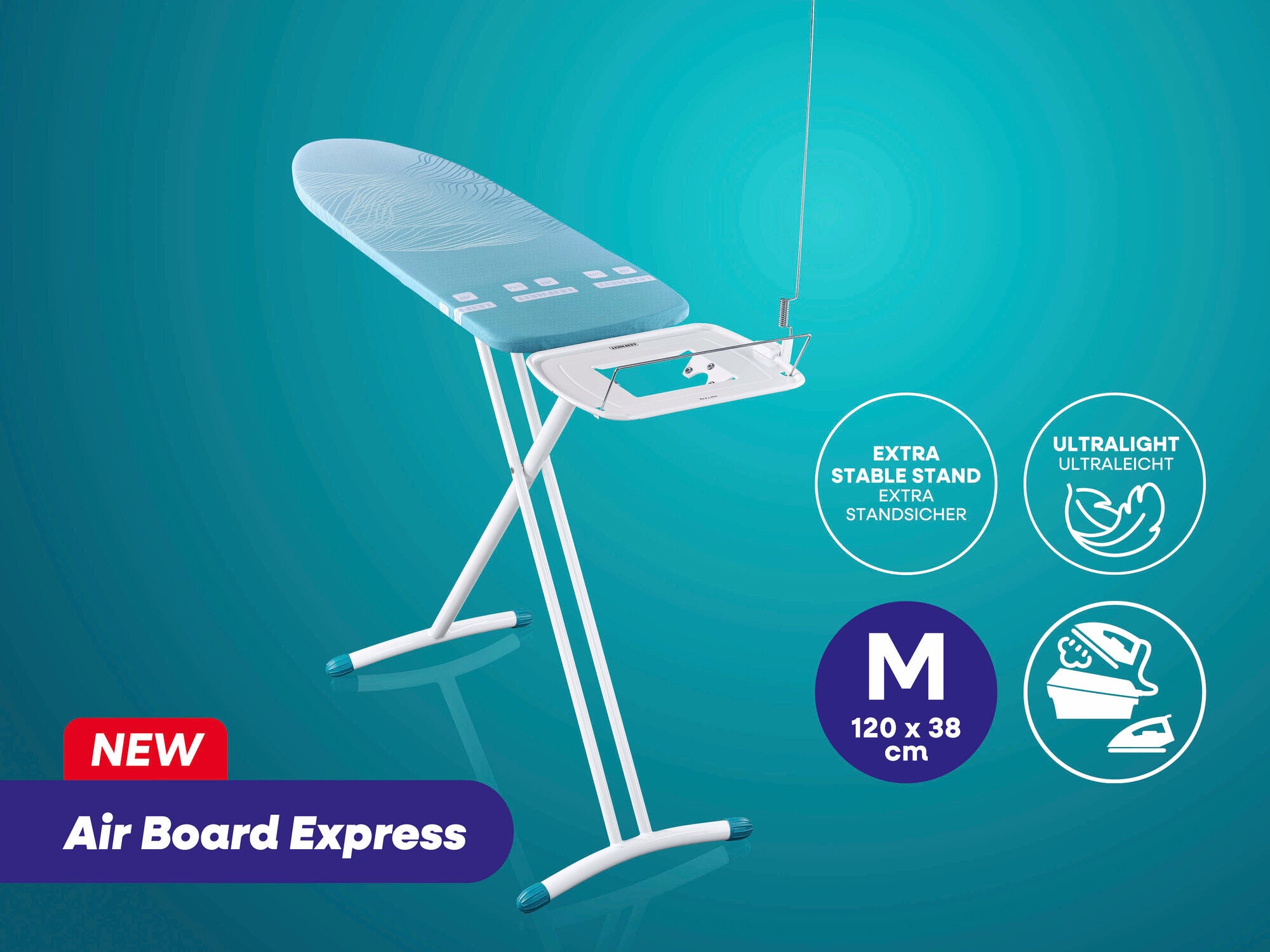Bügeltisch Air Board Express von Leifheit in Größe M, 120 x 38 cm. Der Tisch ist ultraleicht und hat einen extra stabilen Stand. Ideal für effizientes Bügeln.