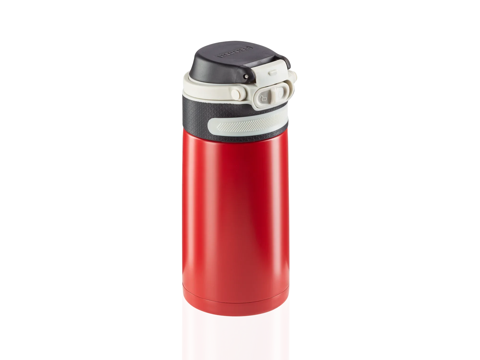 Een rode vacuümmok met een inhoud van 350 ml. De mok heeft een zwart deksel met een praktische flip top, ideaal voor onderweg.