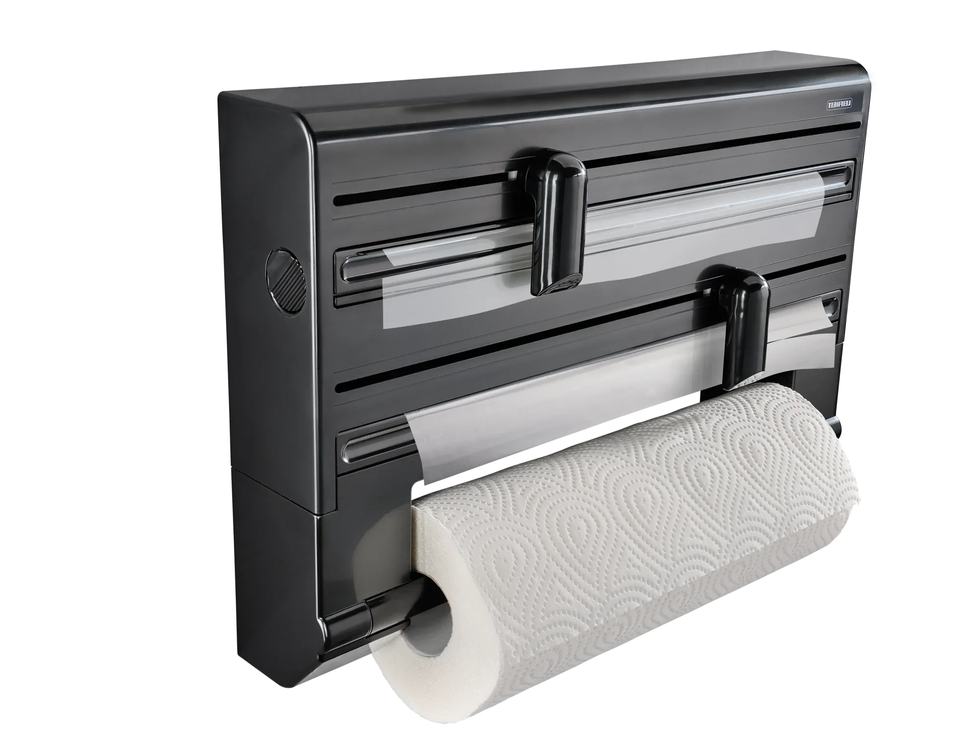 Wandrollenhalter Parat Black von Leifheit in schwarzem Design. Der Halter bietet Platz für Küchenrollen und Folien, mit praktischen Abreißkanten für einfaches Handling.