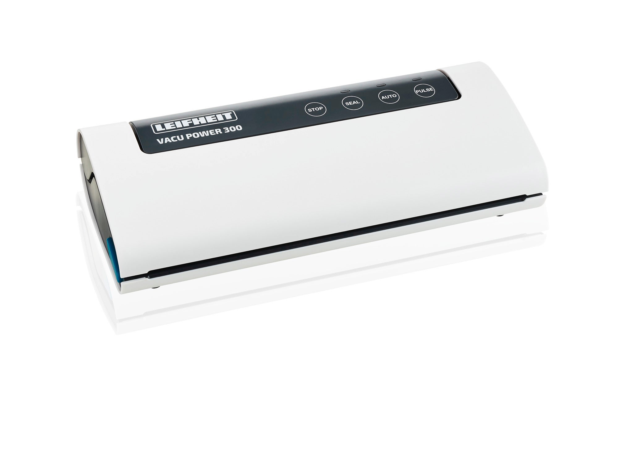 Vakuumiergerät Vacu Power 300 in Weiß mit schwarzer Bedienoberfläche und mehreren Funktionstasten. Ideal zum luftdichten Versiegeln von Lebensmitteln für längere Frische.